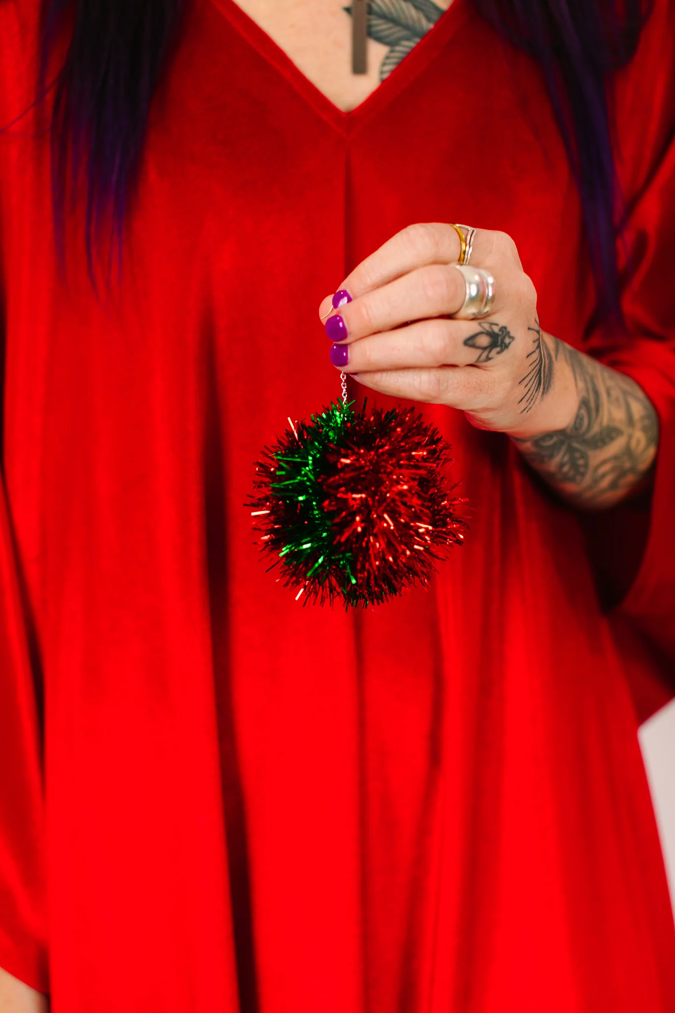 Red and Green Pom Pom Earrings - Image 7