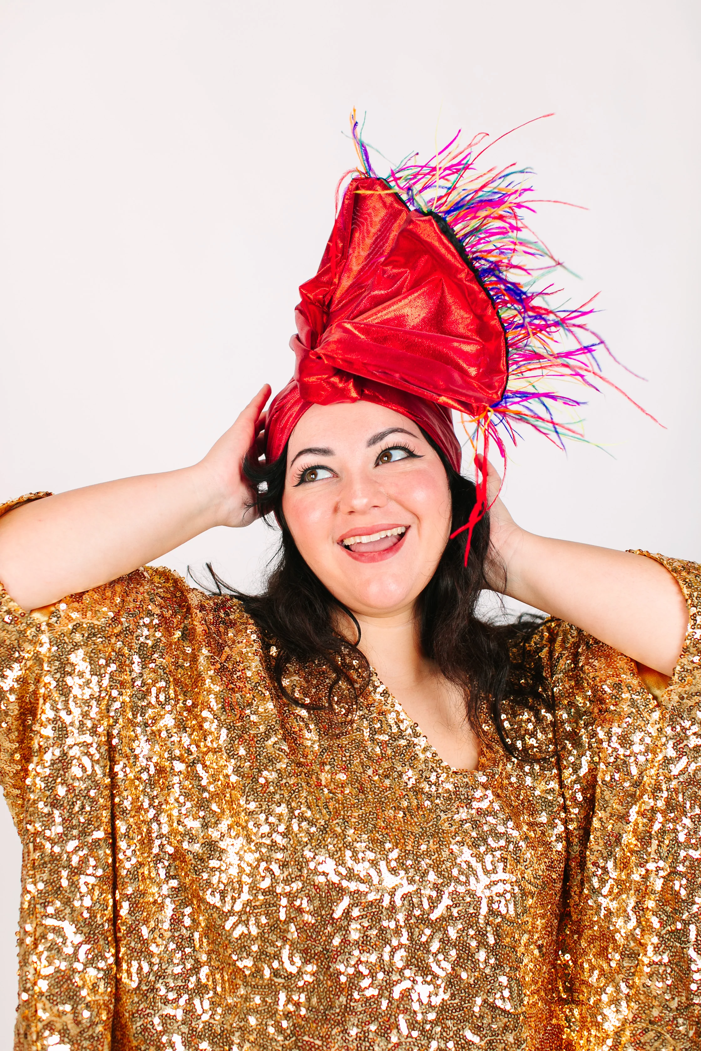 Red Lame With Rainbow Ostrich Feathers - Image 2