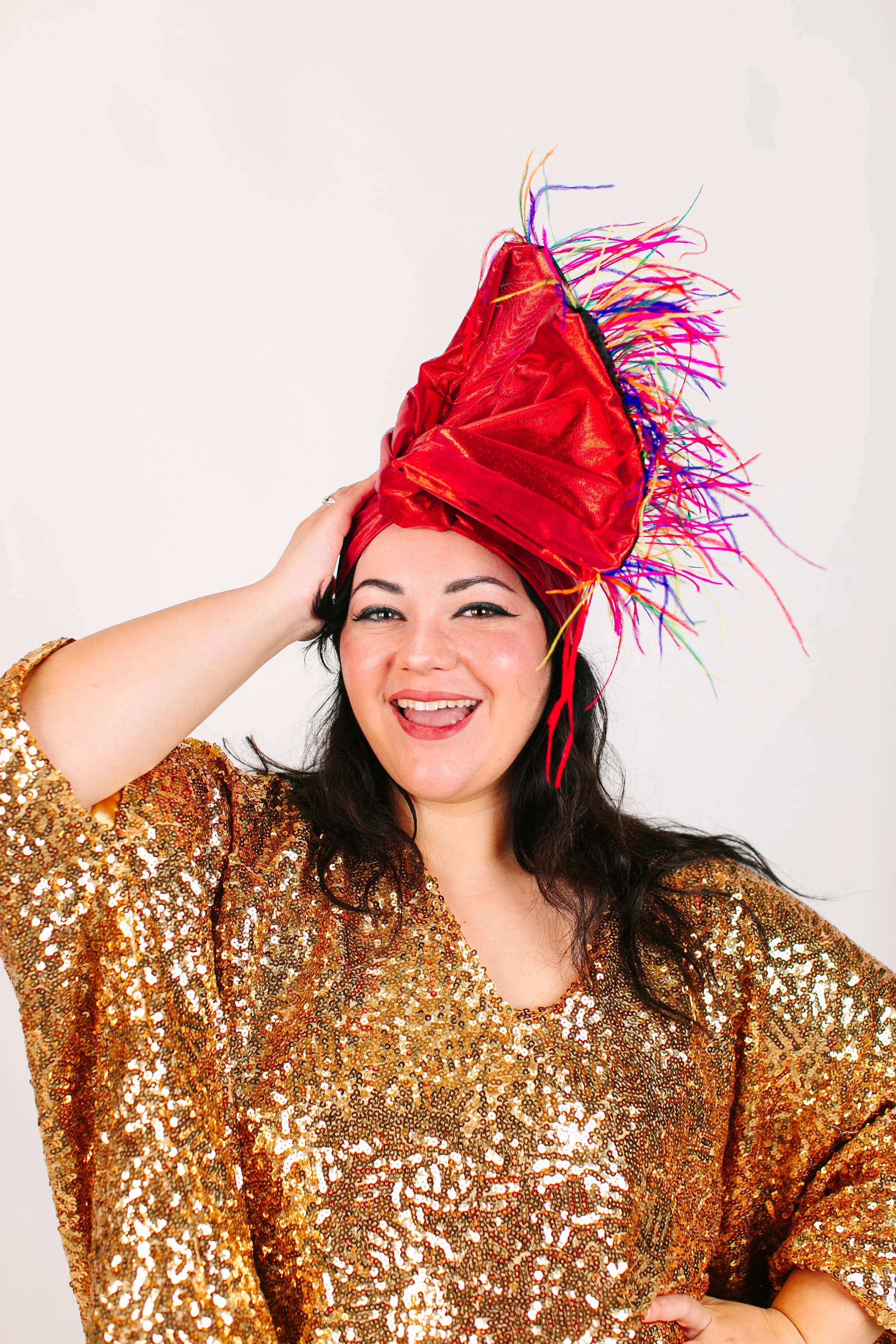 Red Lame With Rainbow Ostrich Feathers - Image 3
