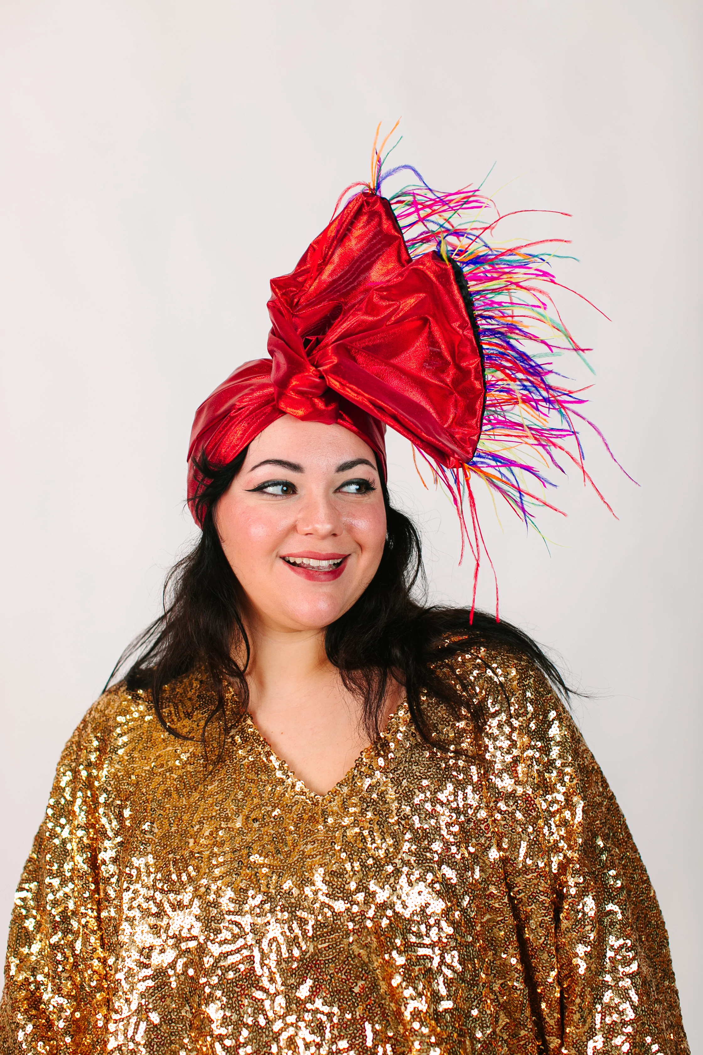 Red Lame With Rainbow Ostrich Feathers - Image 8