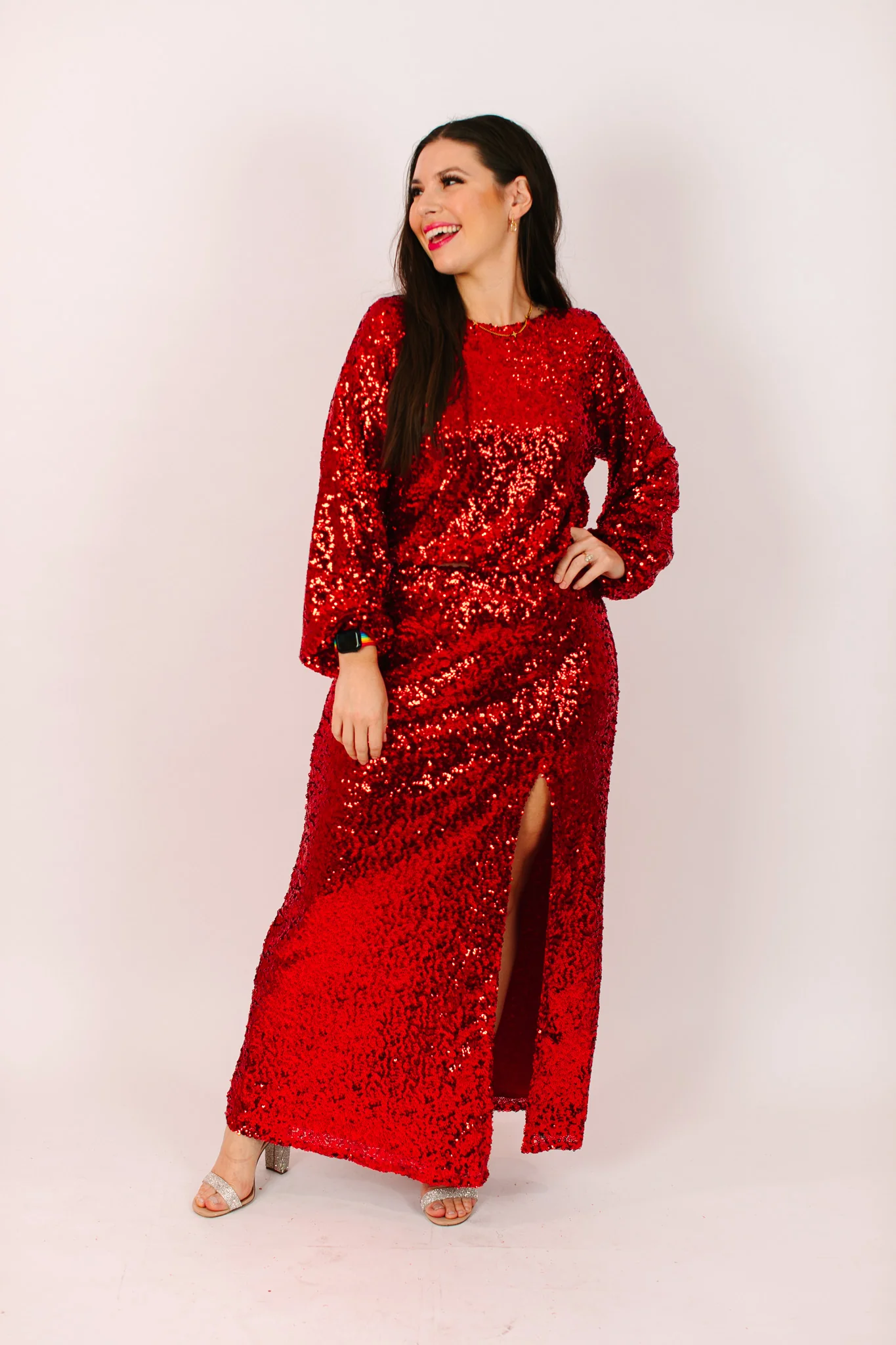 Red Sequin Long Sleeve Crop Top - Image 11
