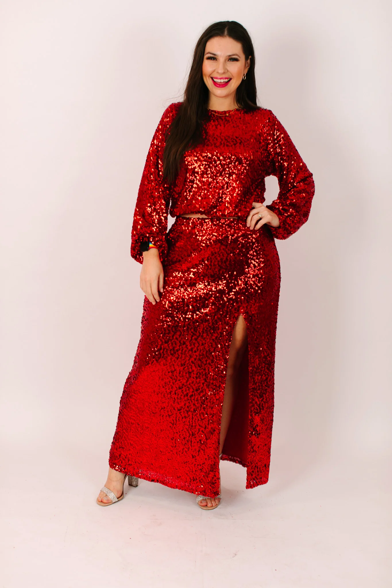Red Sequin Long Sleeve Crop Top - Image 7