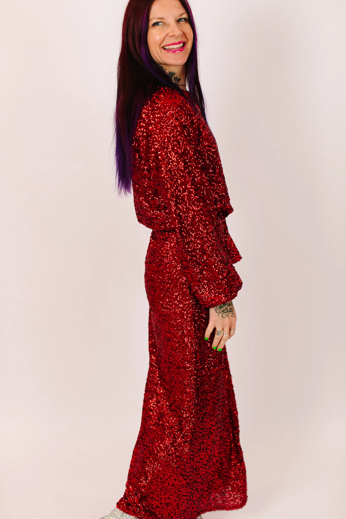 Red Sequin Long Sleeve Crop Top - Image 8