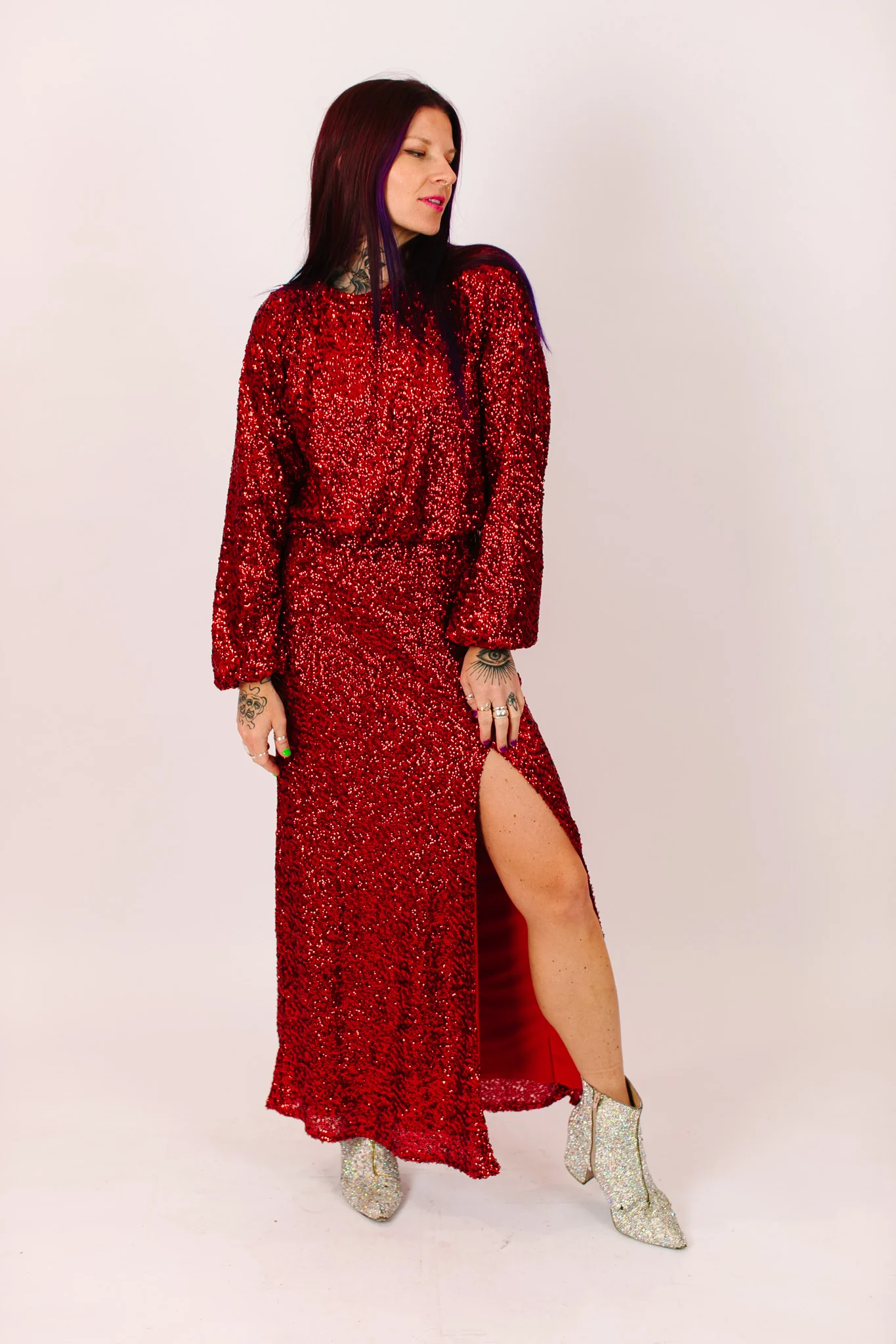 Red Sequin Slit Skirt