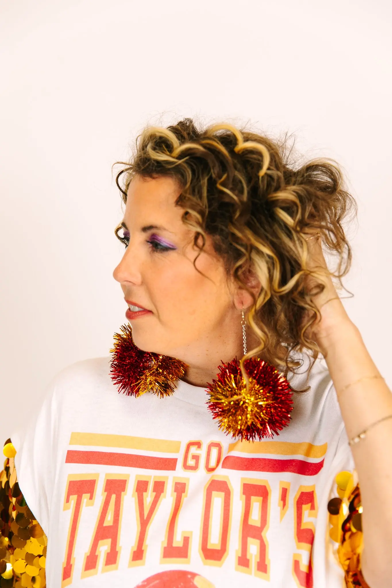 Red And Gold Pom Pom Earrings - Image 6