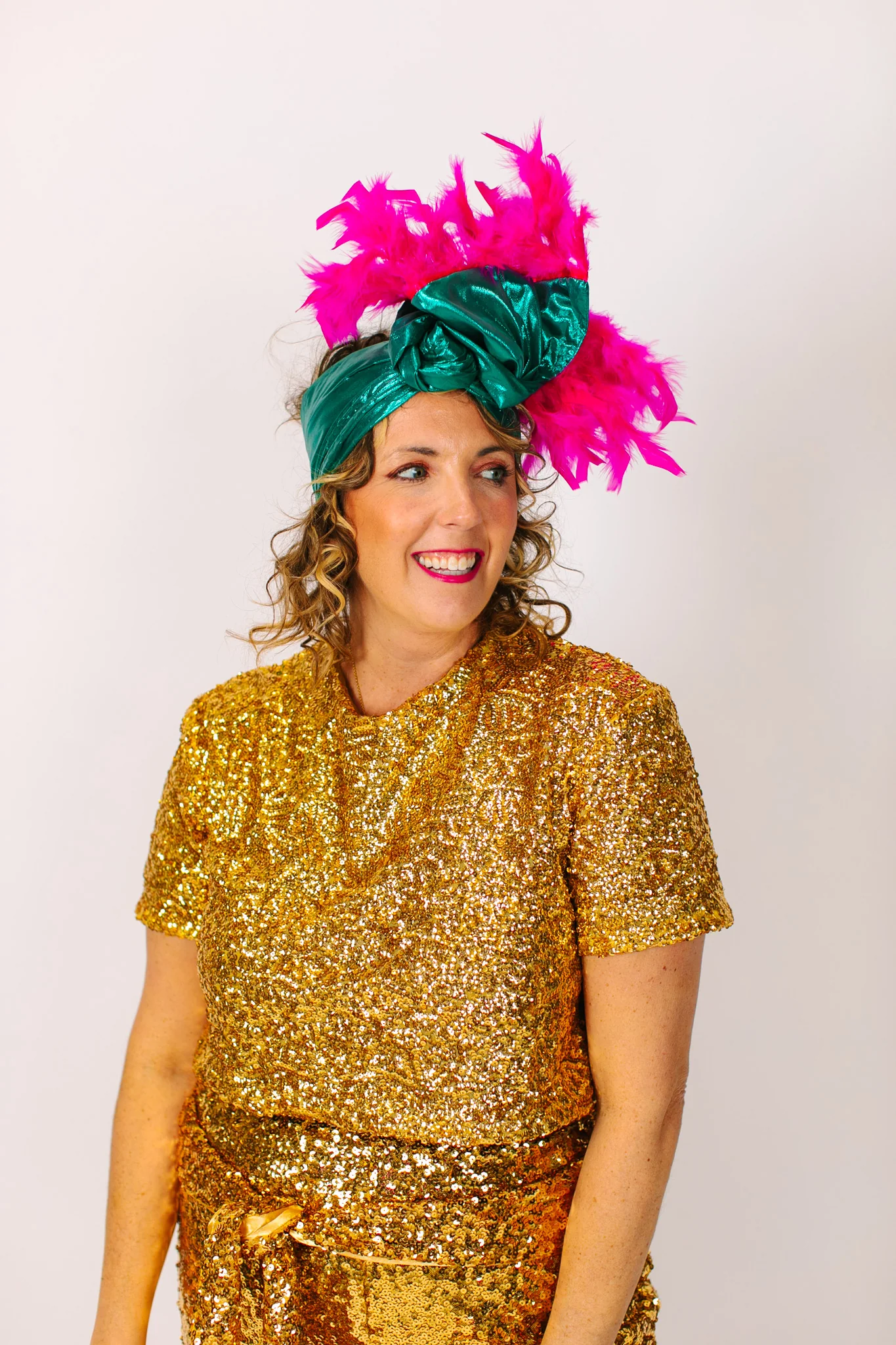 Teal Lame With Short Pink Feathers - Image 4