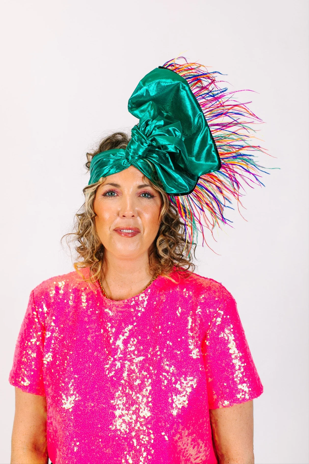 Teal Metallic With Rainbow Ostrich Feathers