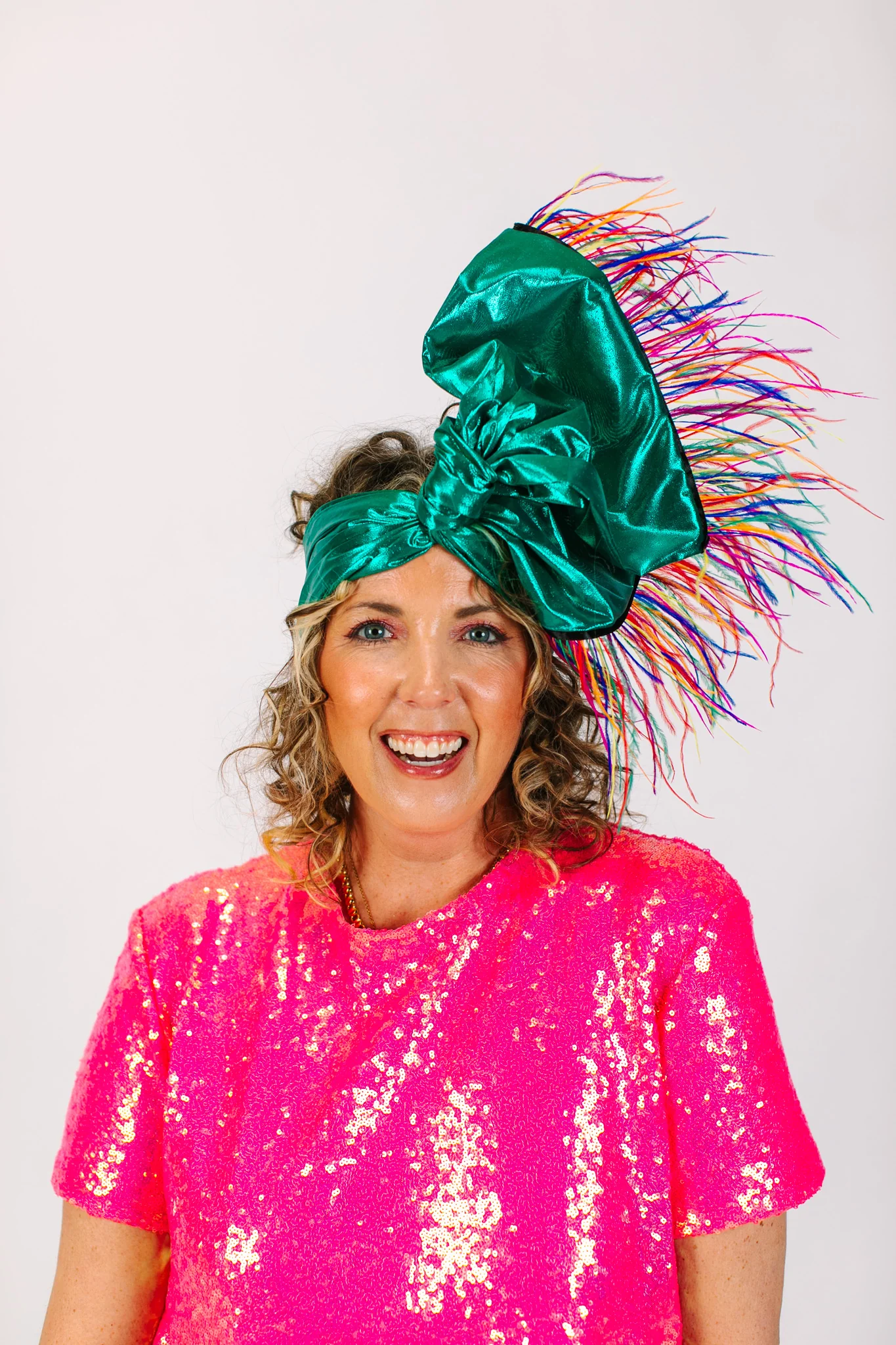 Teal Metallic With Rainbow Ostrich Feathers - Image 10