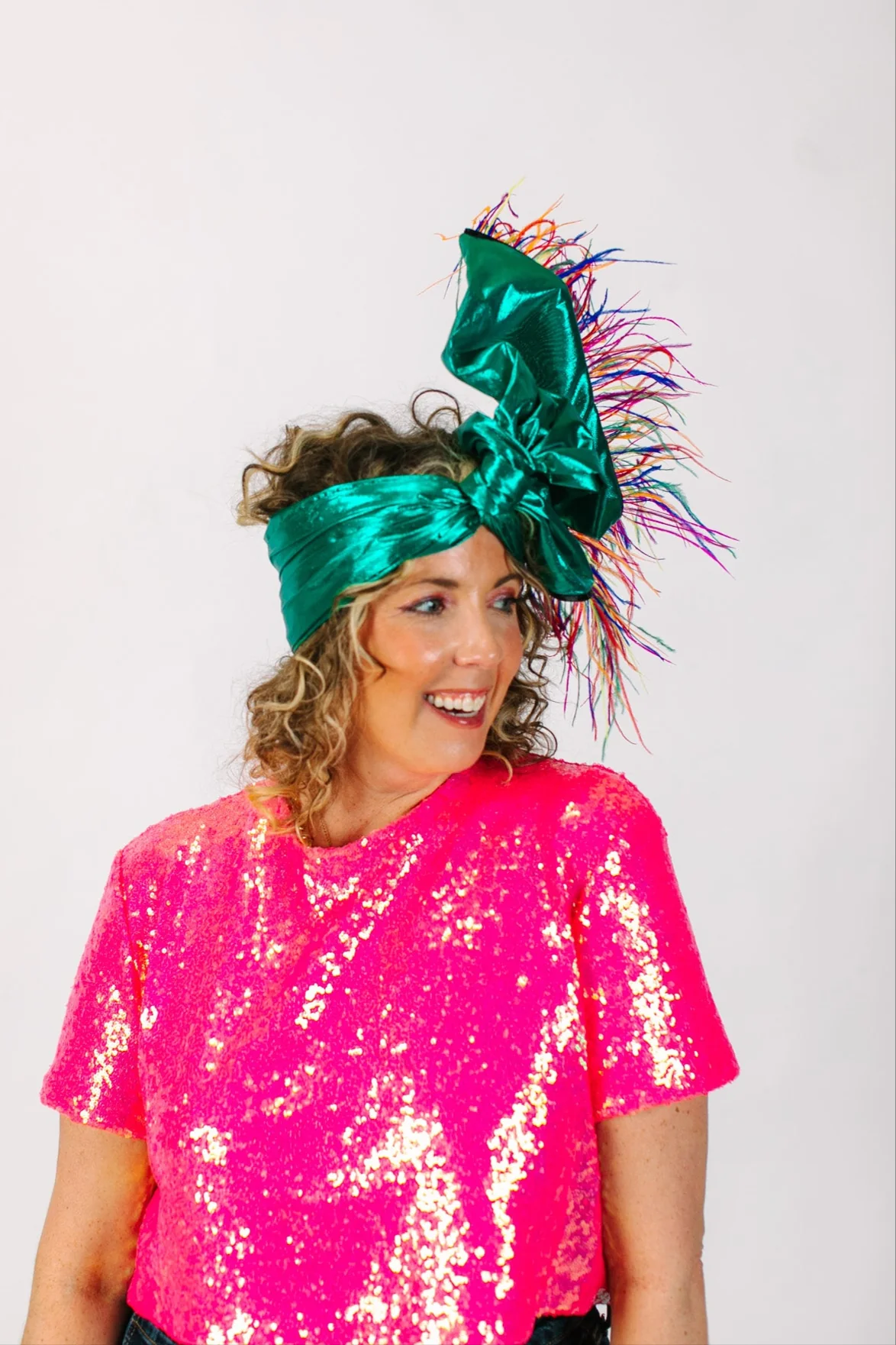 Teal Metallic With Rainbow Ostrich Feathers - Image 2