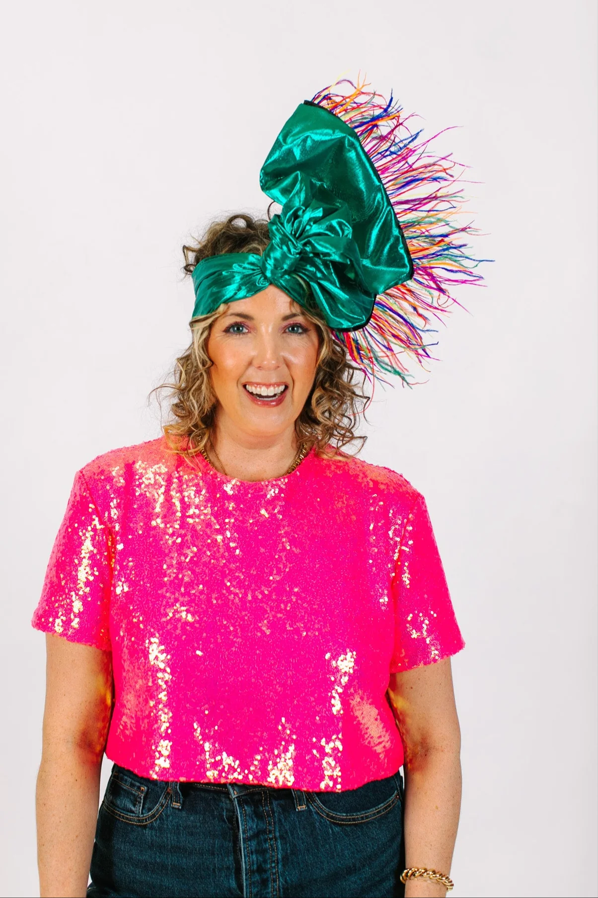 Teal Metallic With Rainbow Ostrich Feathers - Image 3