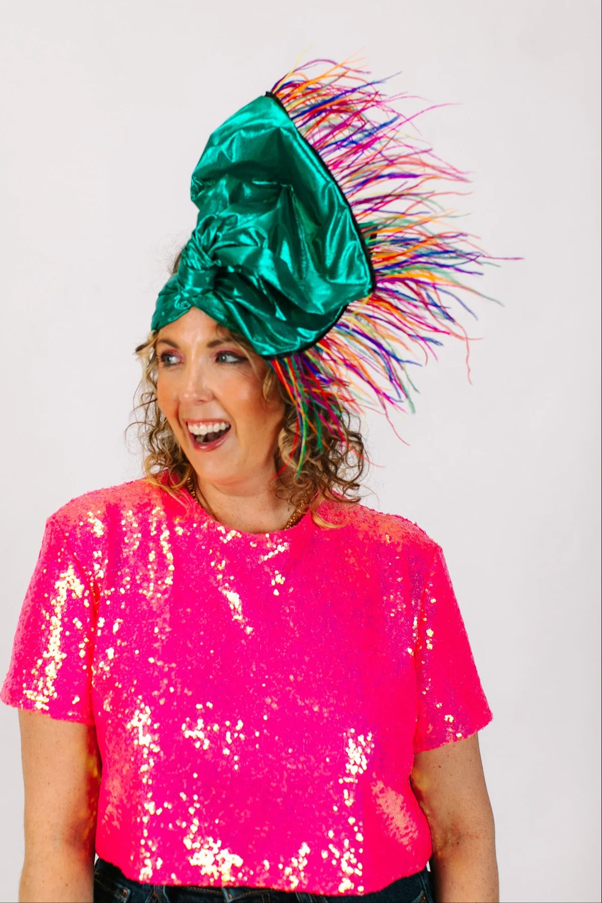 Teal Metallic With Rainbow Ostrich Feathers - Image 4