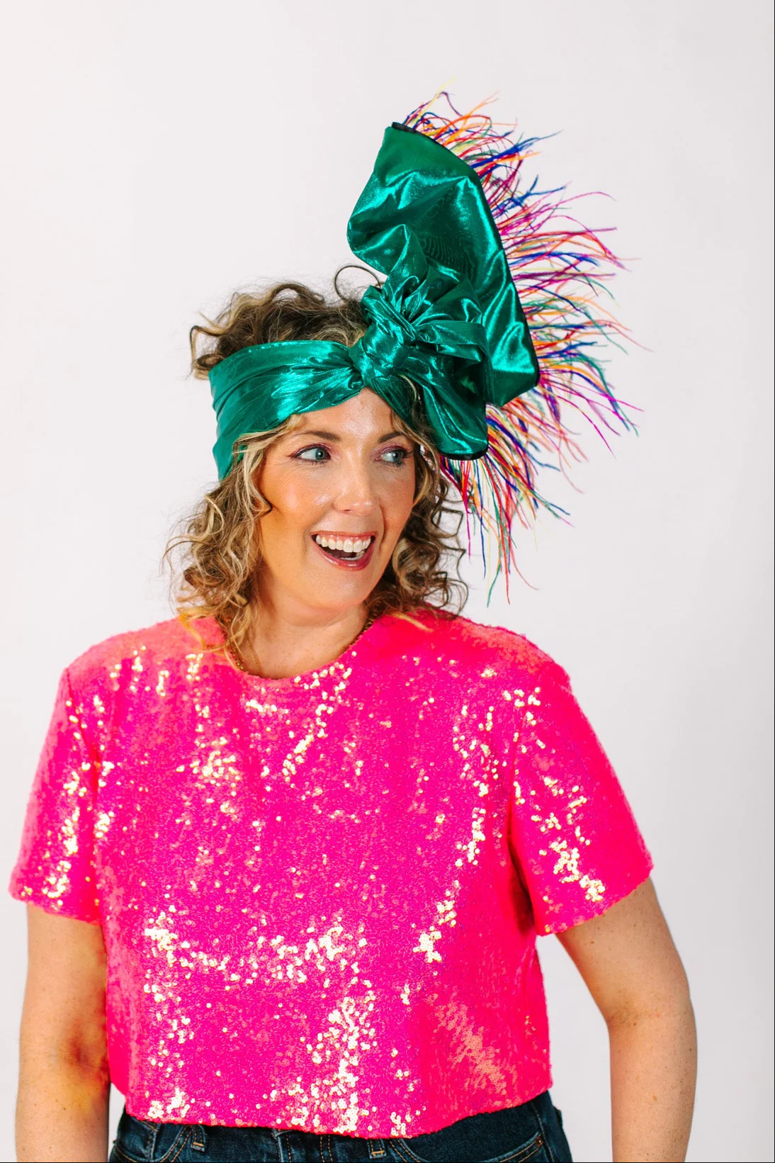 Teal Metallic With Rainbow Ostrich Feathers - Image 5