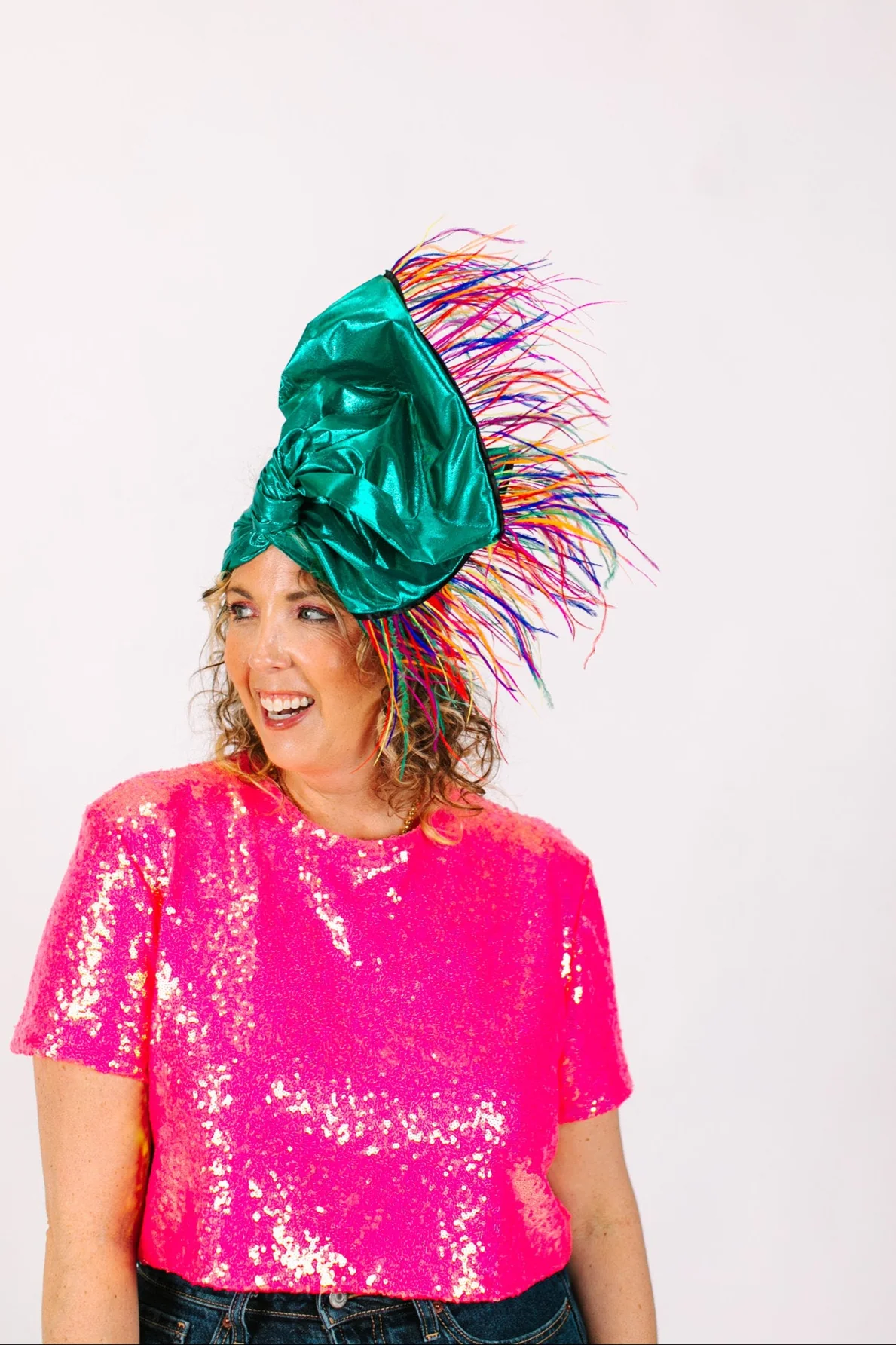 Teal Metallic With Rainbow Ostrich Feathers - Image 6