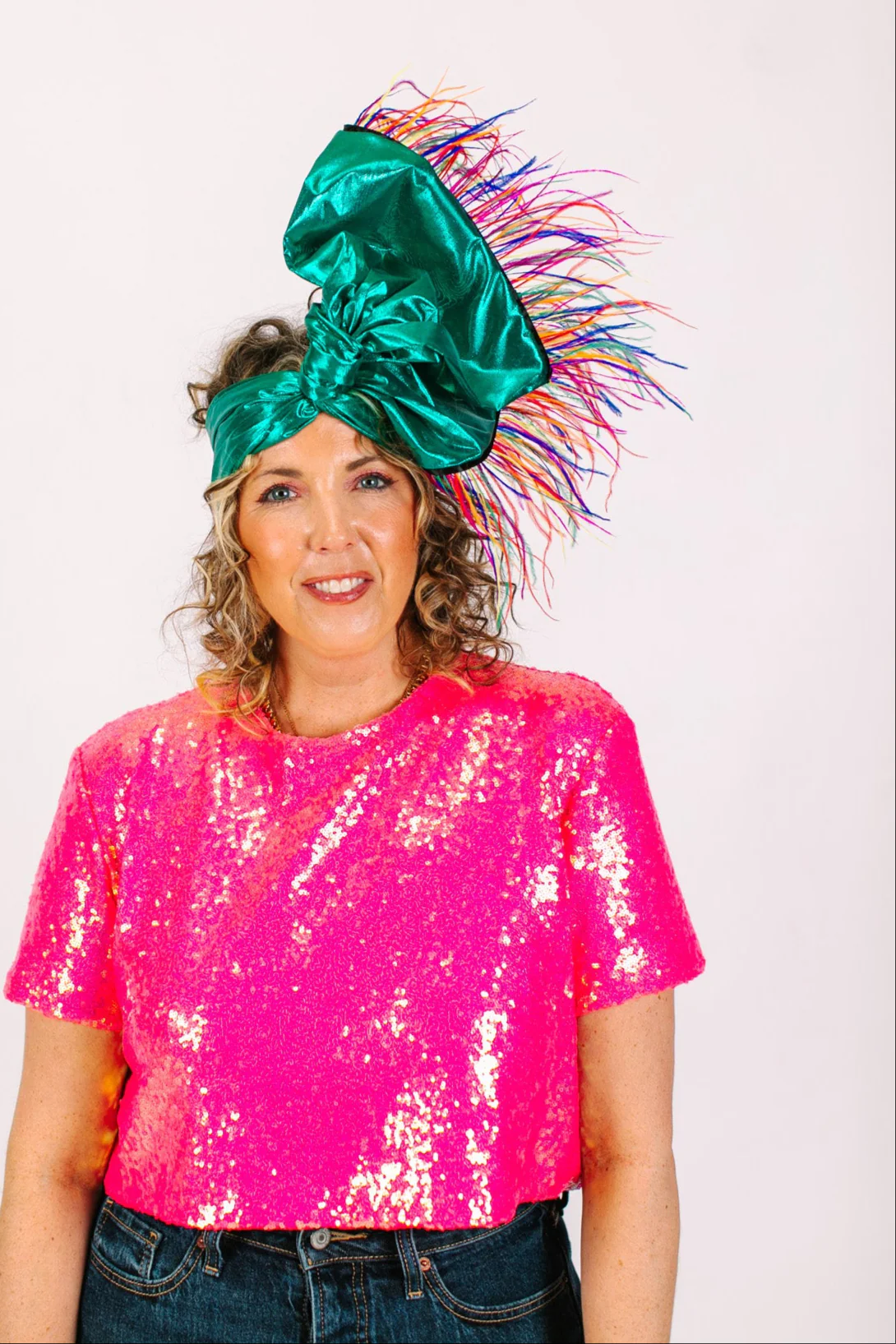 Teal Metallic With Rainbow Ostrich Feathers - Image 7
