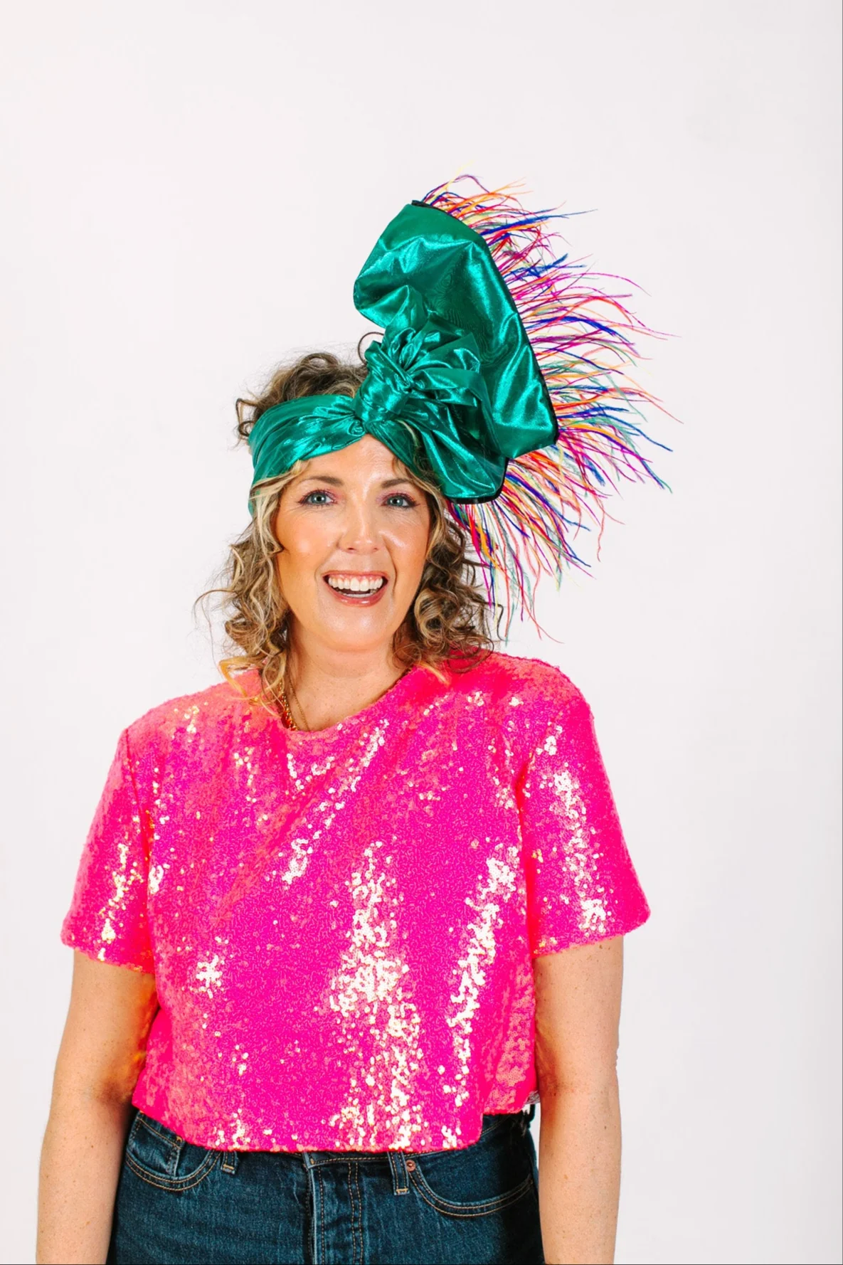 Teal Metallic With Rainbow Ostrich Feathers - Image 8