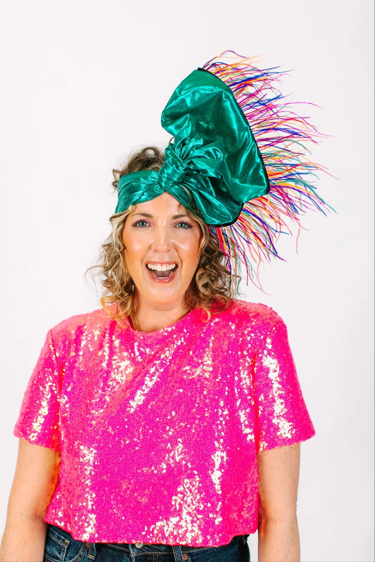 Teal Metallic With Rainbow Ostrich Feathers - Image 9