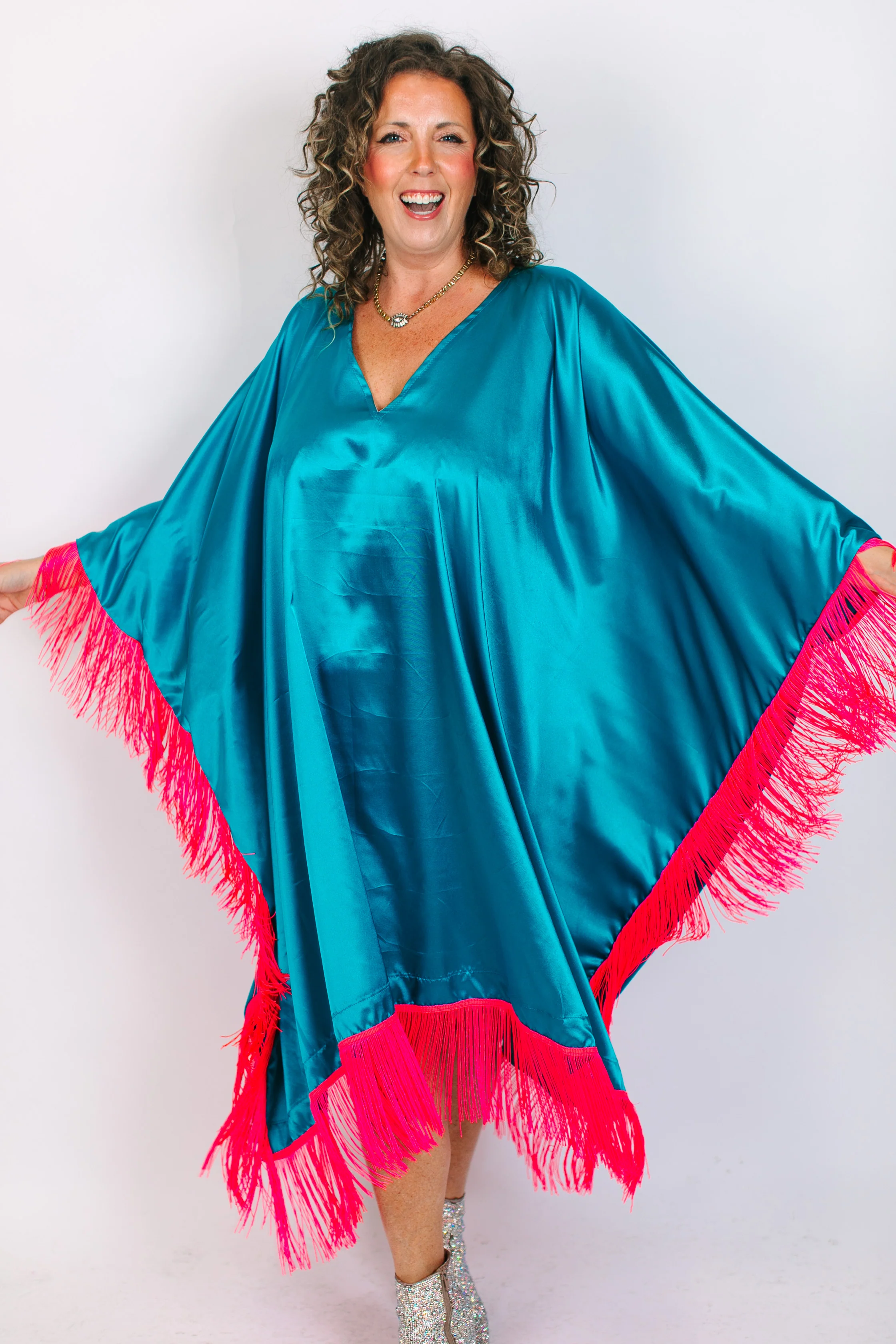Teal Satin Mid Caftan w/Fringe