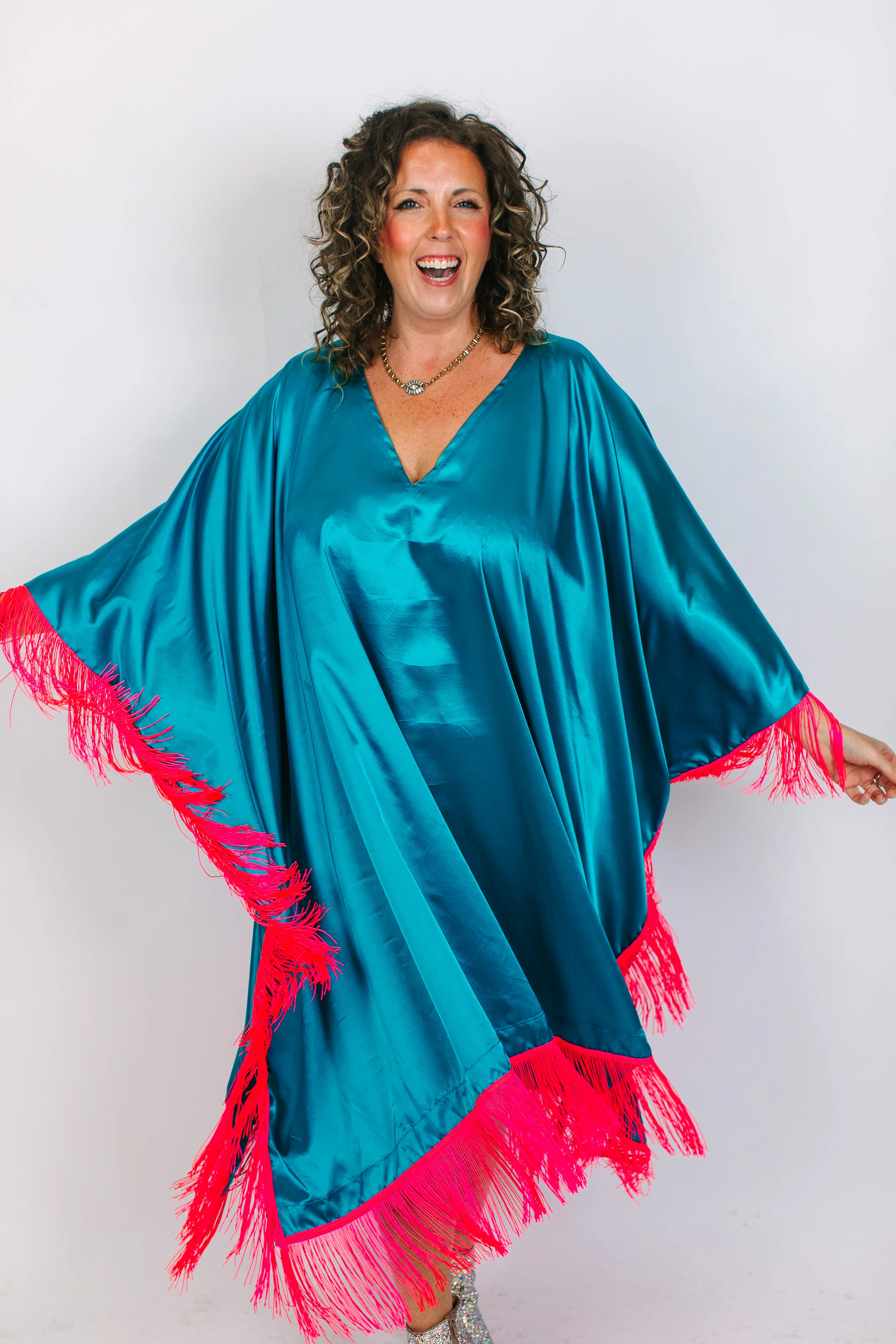 Teal Satin Mid Caftan w/Fringe - Image 2