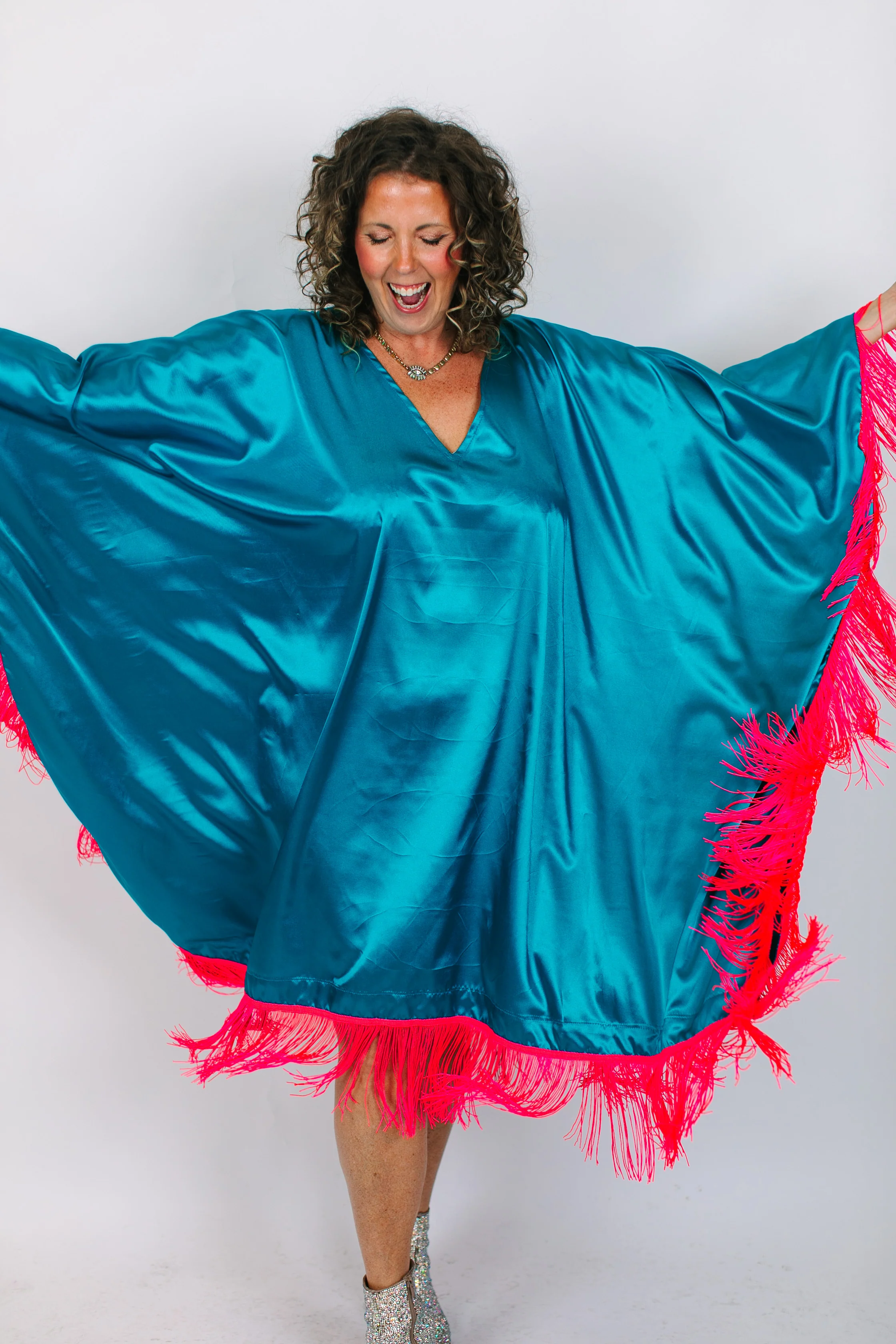 Teal Satin Mid Caftan w/Fringe - Image 3
