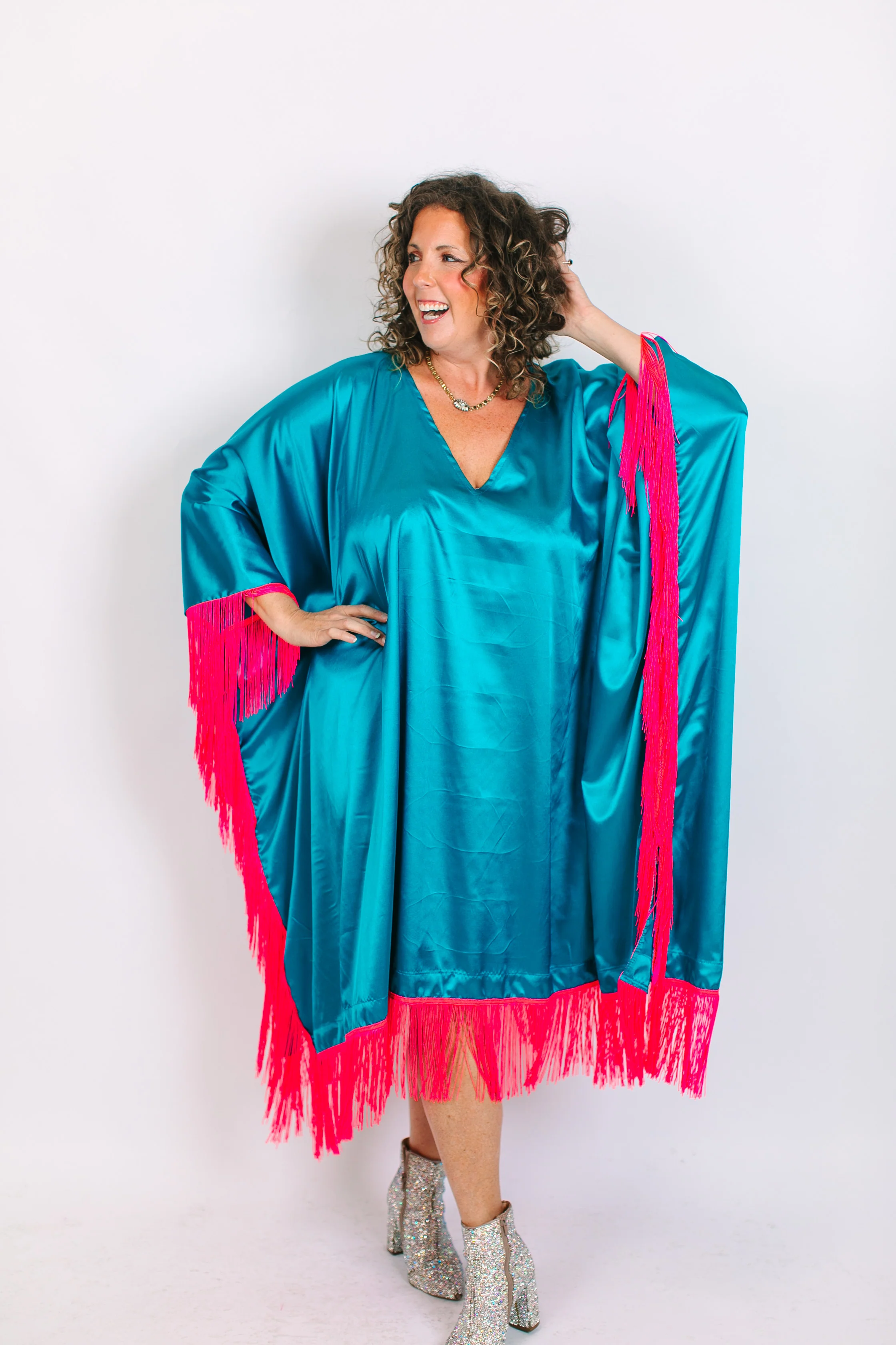 Teal Satin Mid Caftan w/Fringe - Image 4