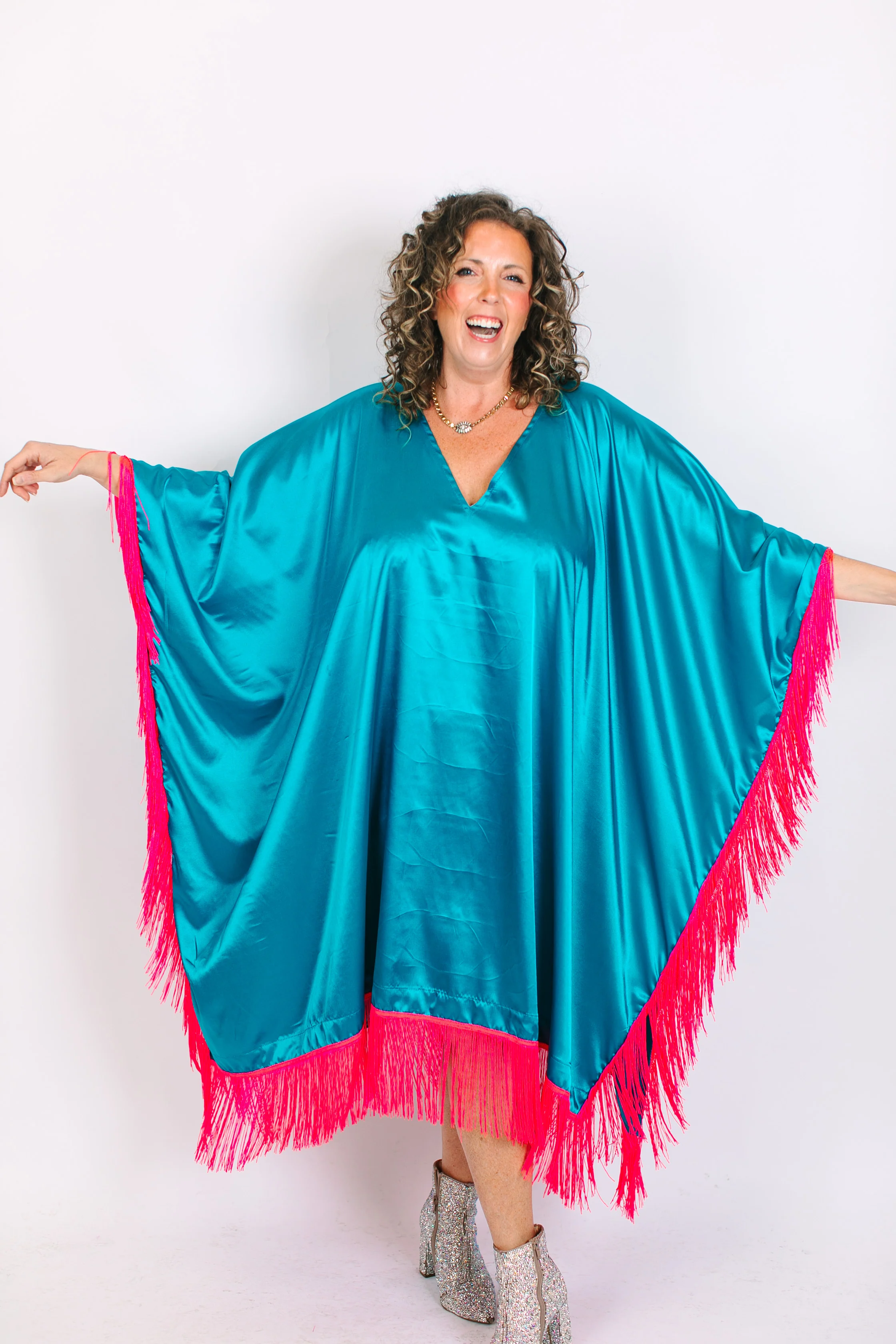 Teal Satin Mid Caftan w/Fringe - Image 5
