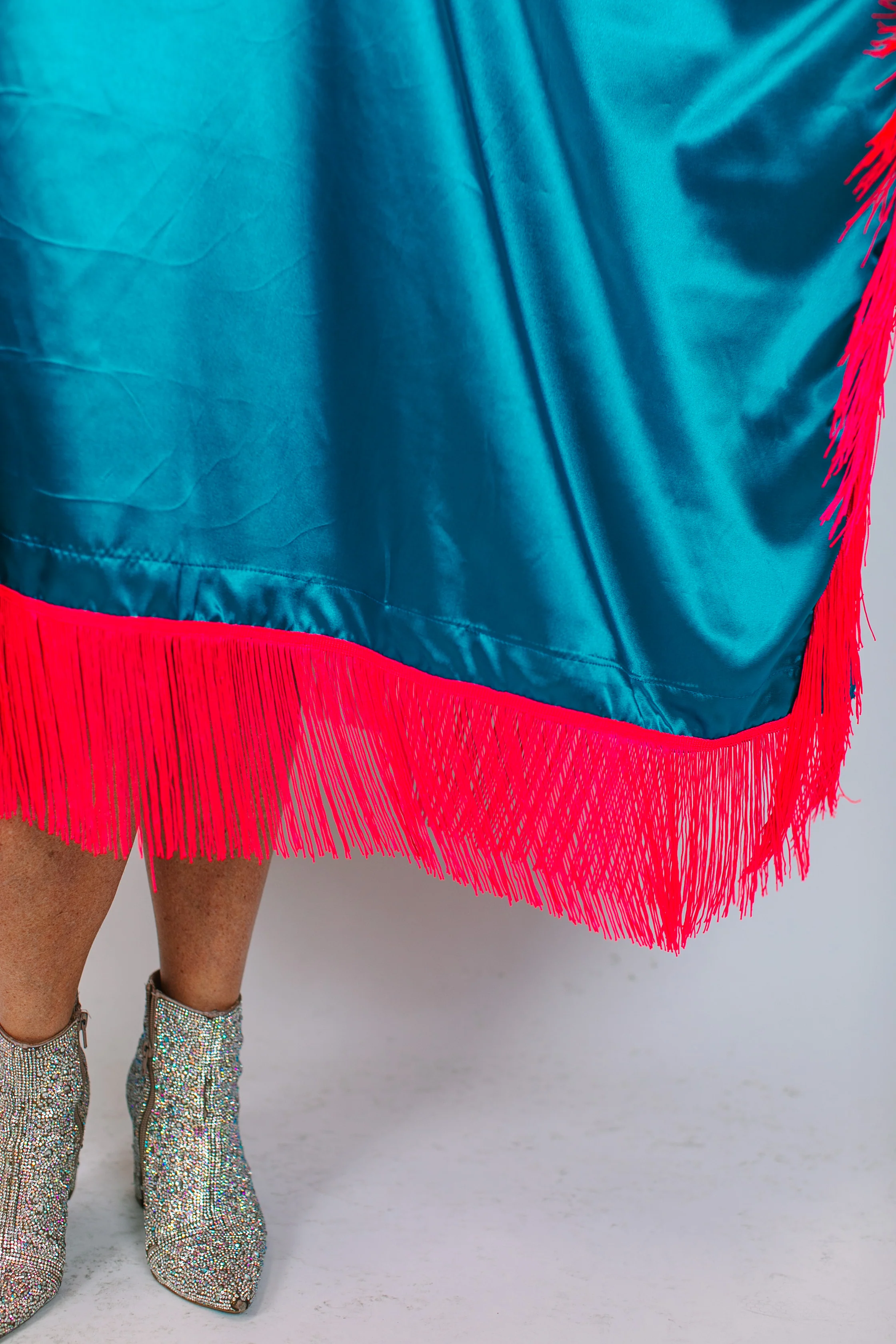 Teal Satin Mid Caftan w/Fringe - Image 6