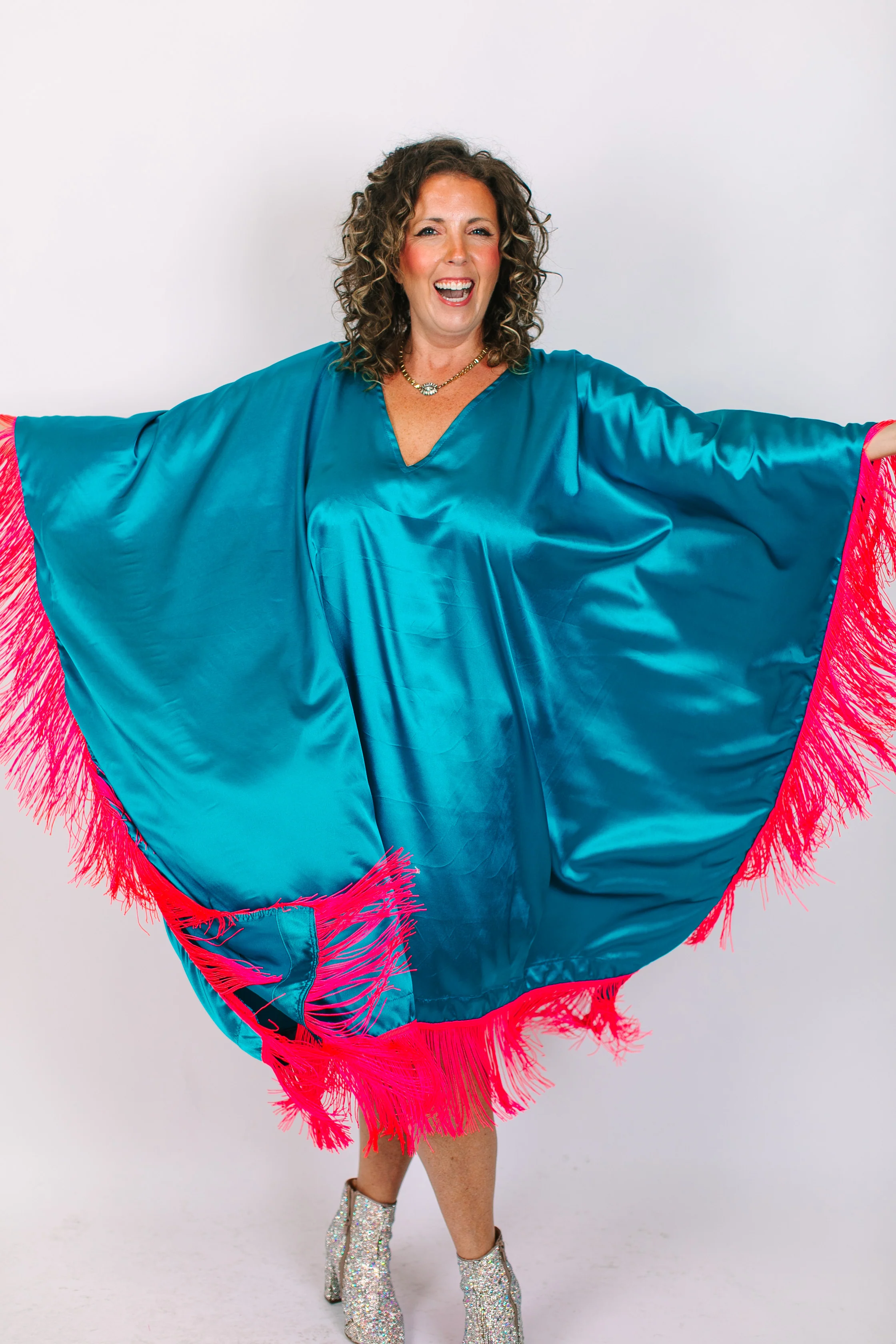 Teal Satin Mid Caftan w/Fringe - Image 7