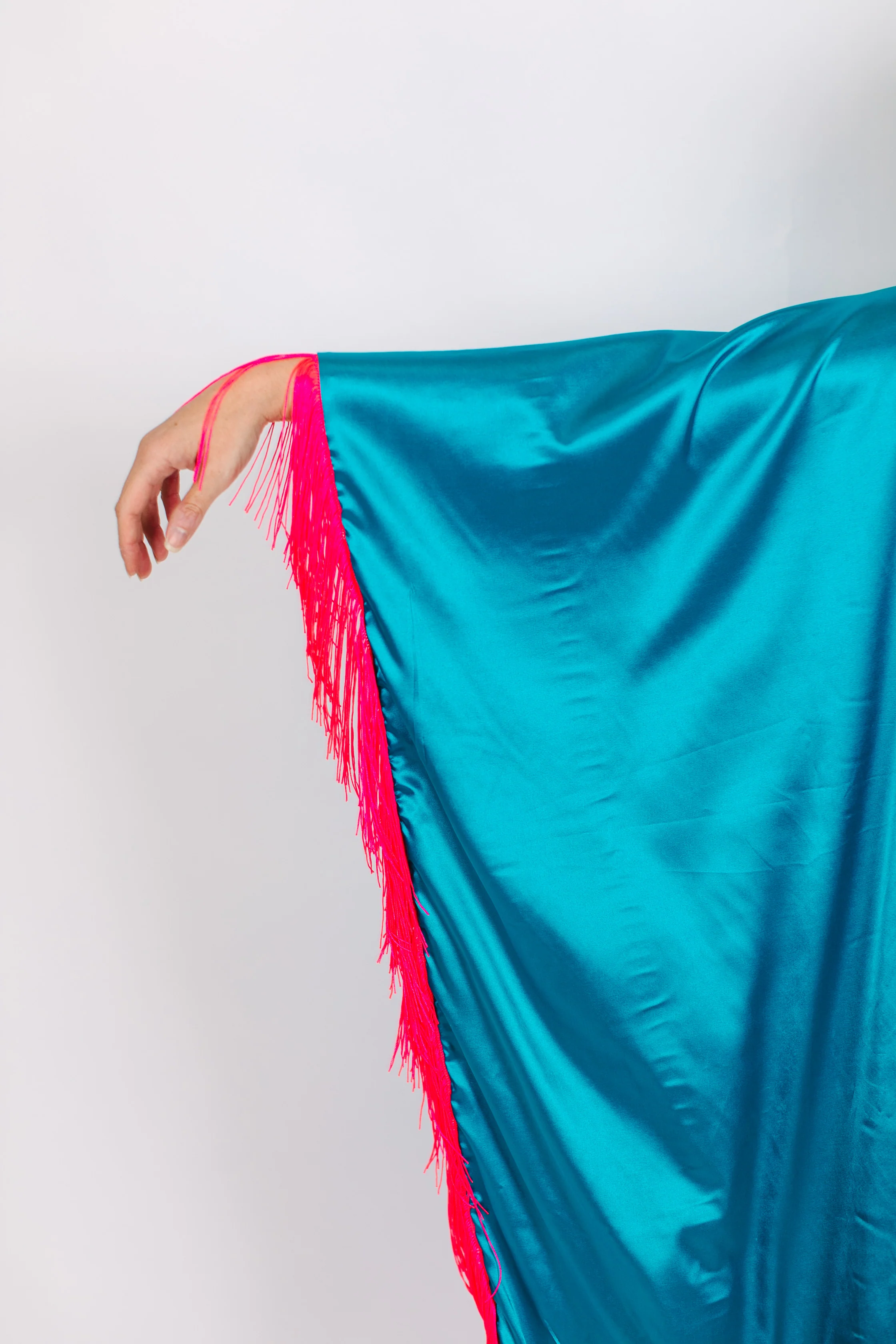 Teal Satin Mid Caftan w/Fringe - Image 8