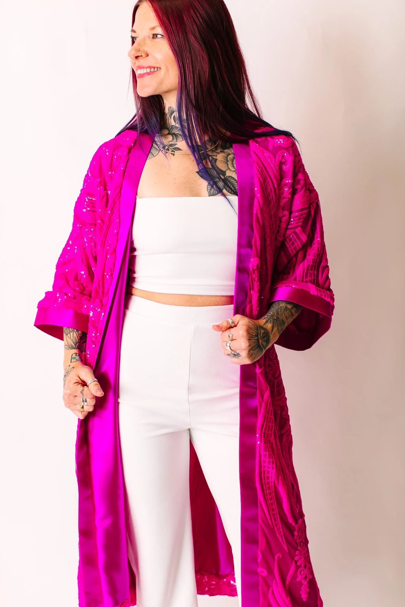 Vibrant Fuchsia Embroidered Duster
