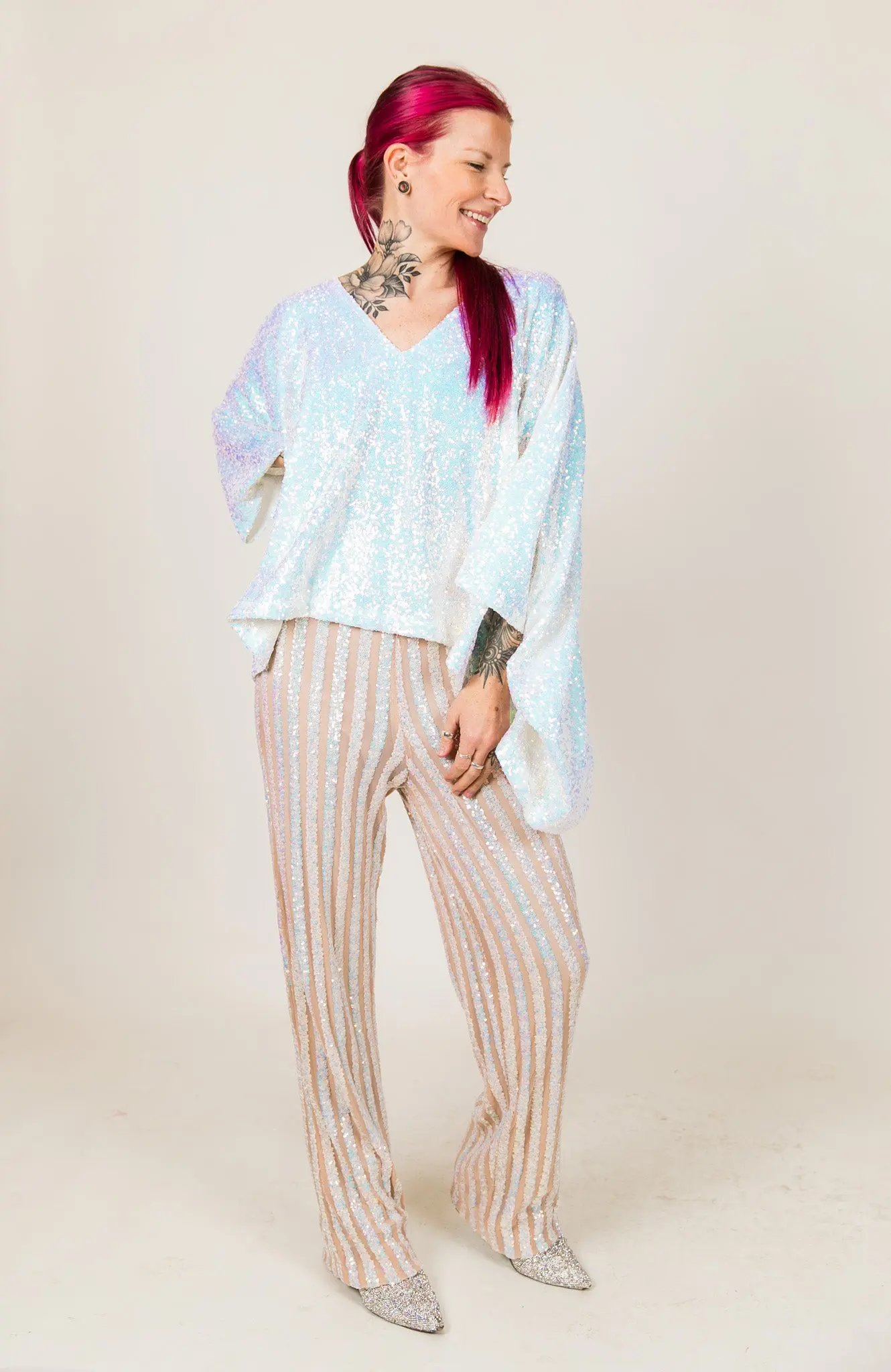 White Iridescent Sequin Stripe Pants