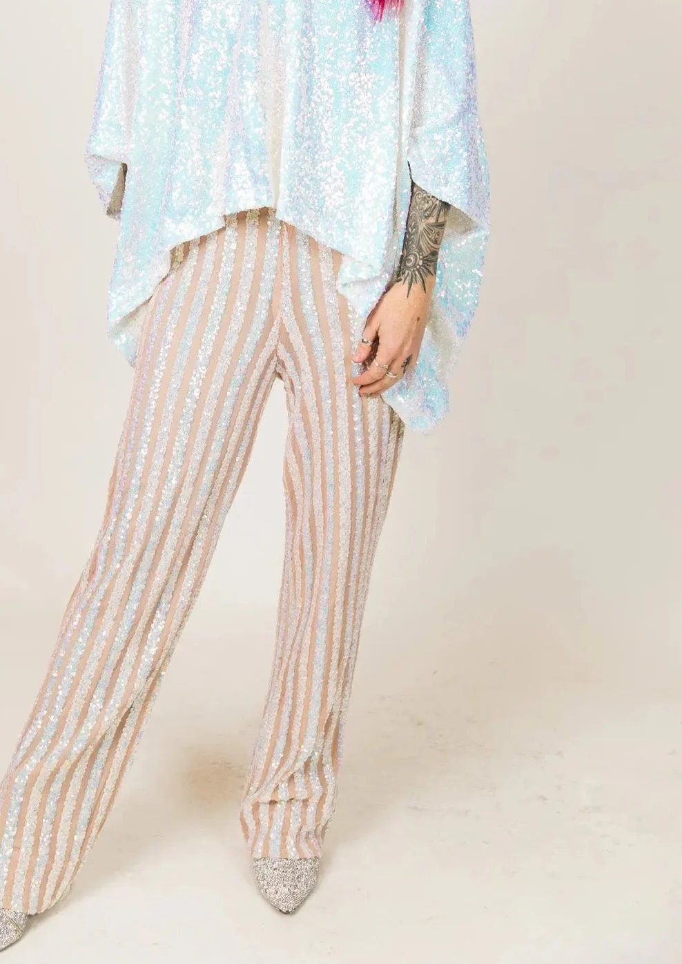White Iridescent Sequin Stripe Pants - Image 2
