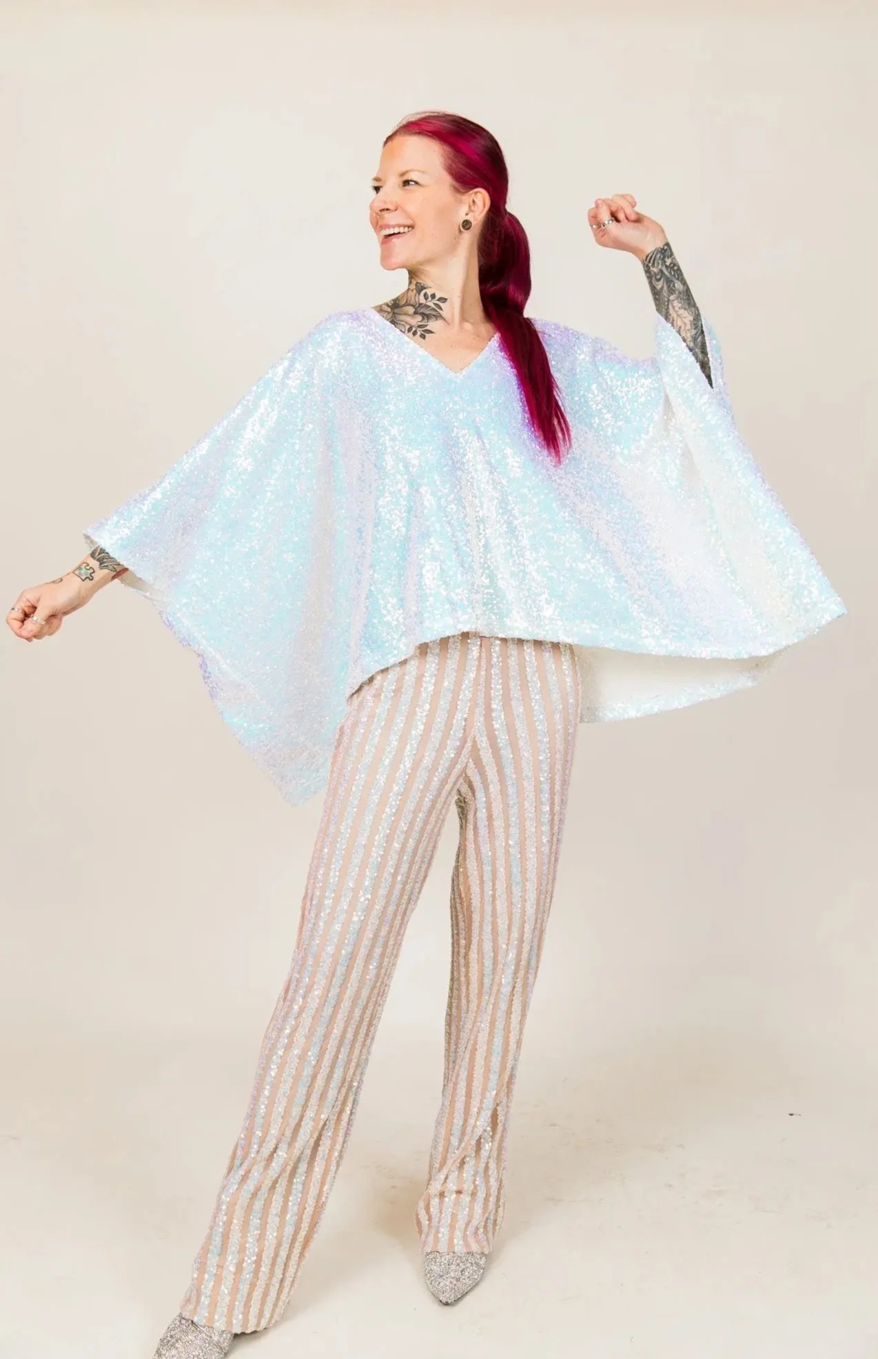 White Iridescent Sequin Stripe Pants - Image 3
