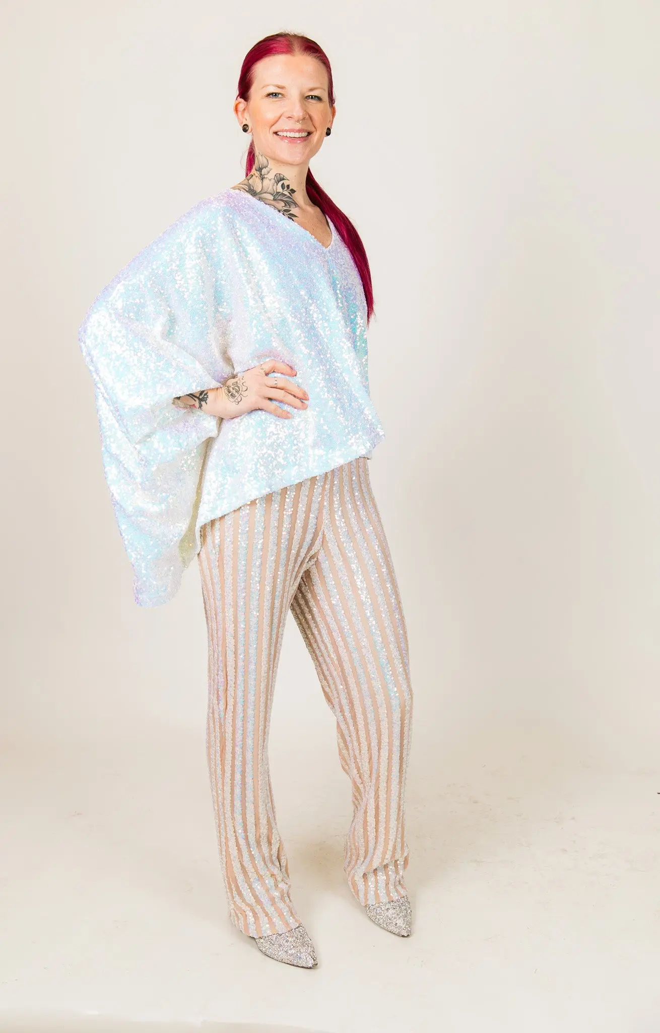 White Iridescent Sequin Stripe Pants - Image 4