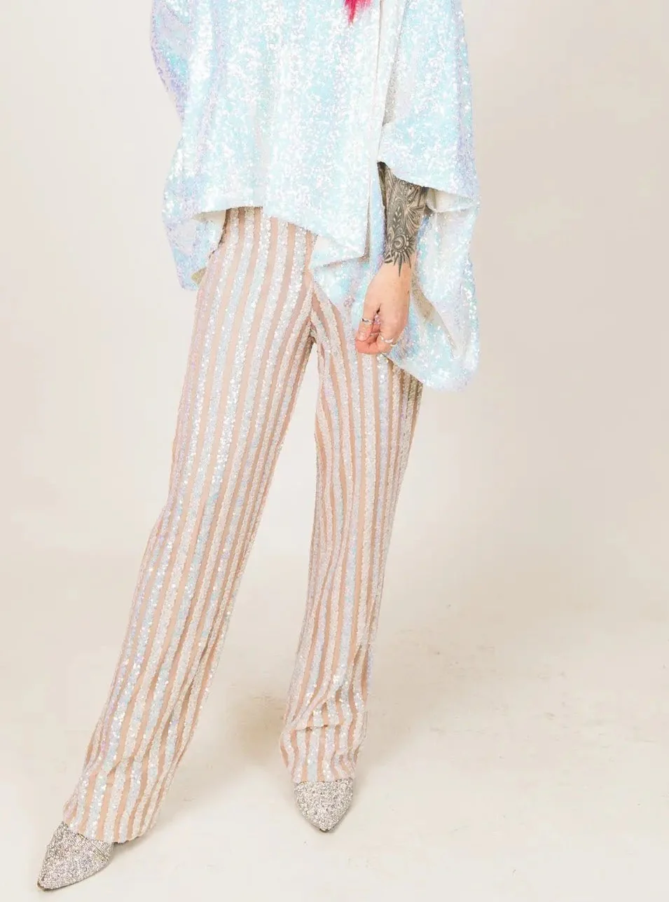 White Iridescent Sequin Stripe Pants - Image 5