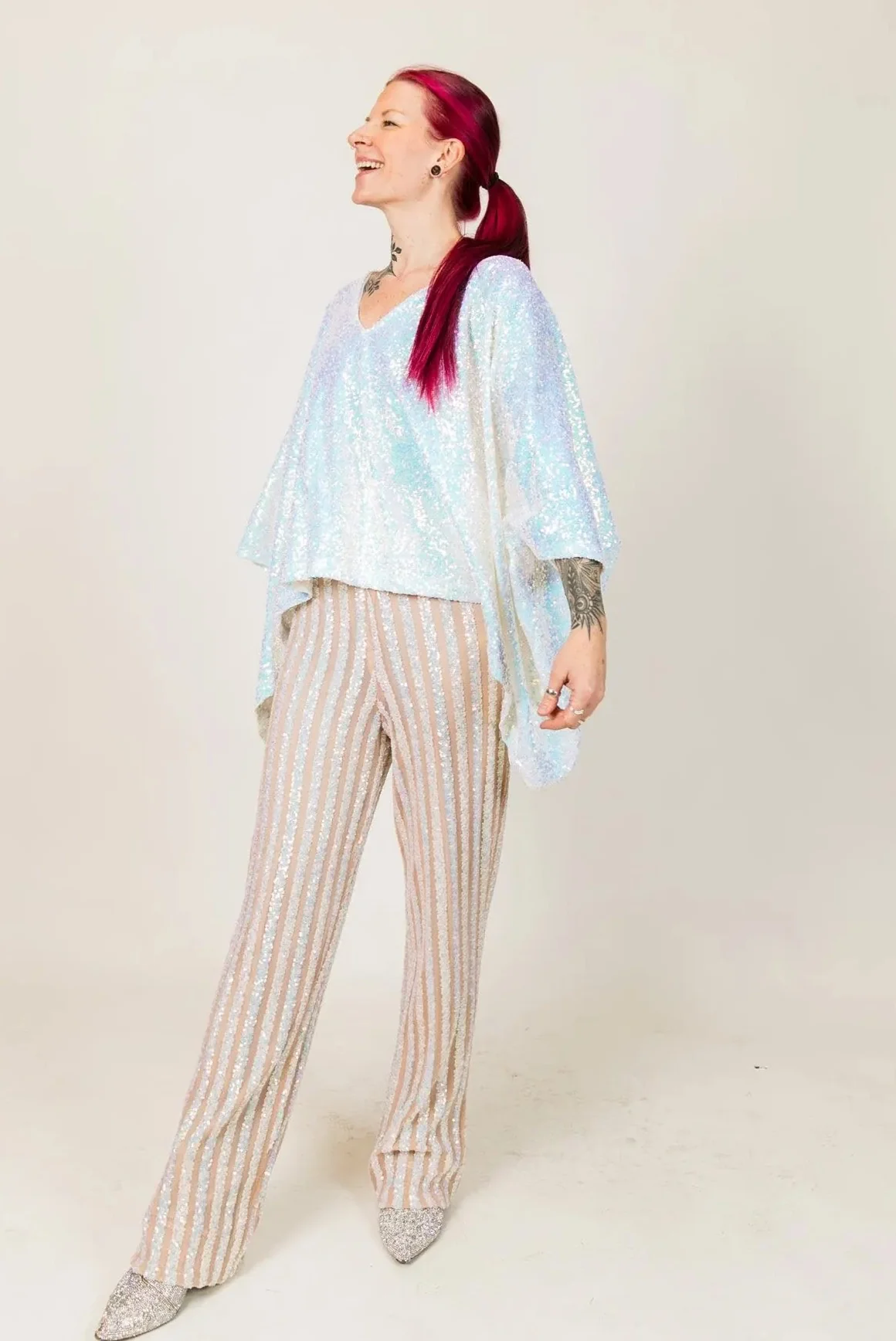 White Iridescent Sequin Stripe Pants - Image 6