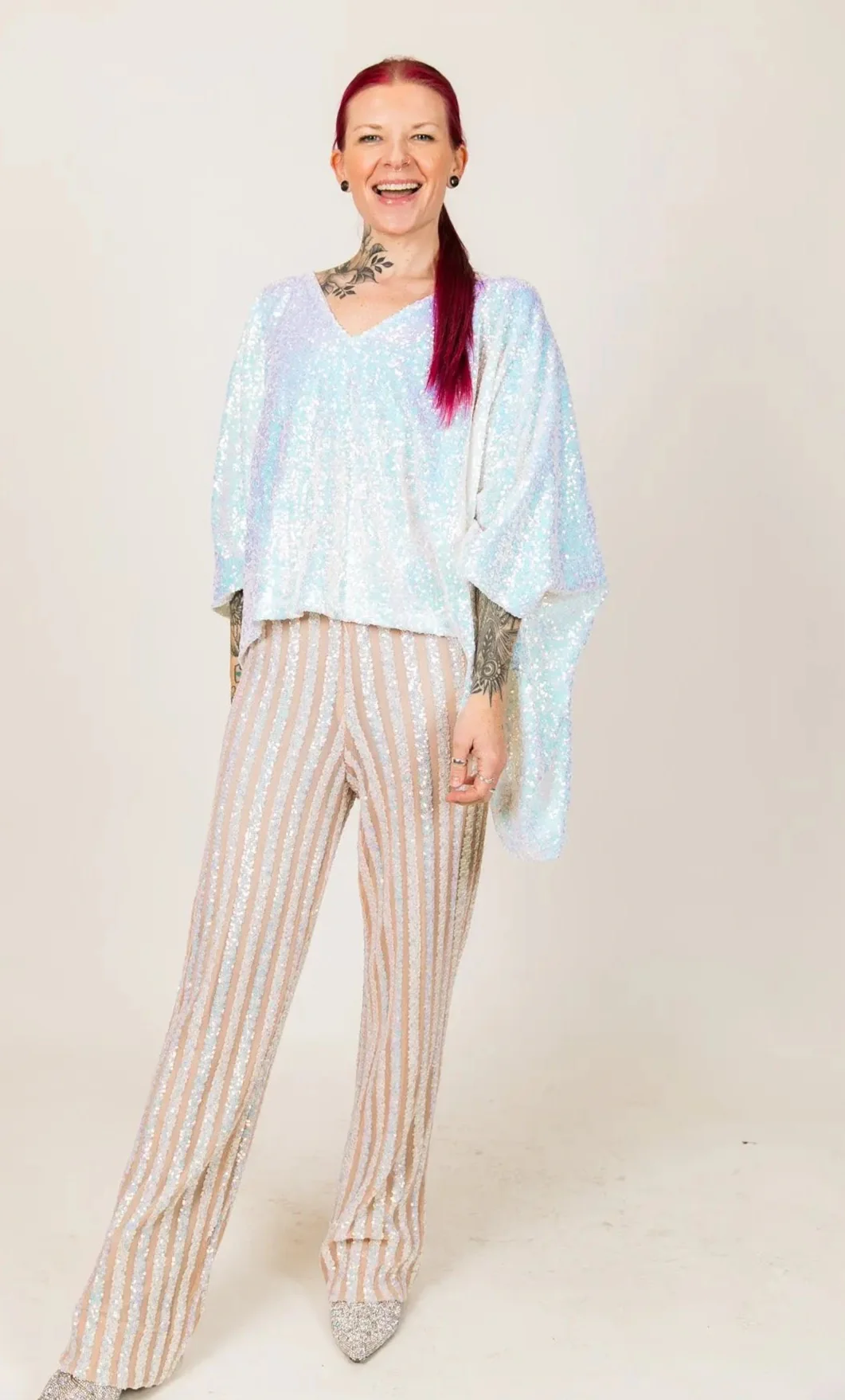 White Iridescent Sequin Stripe Pants - Image 7