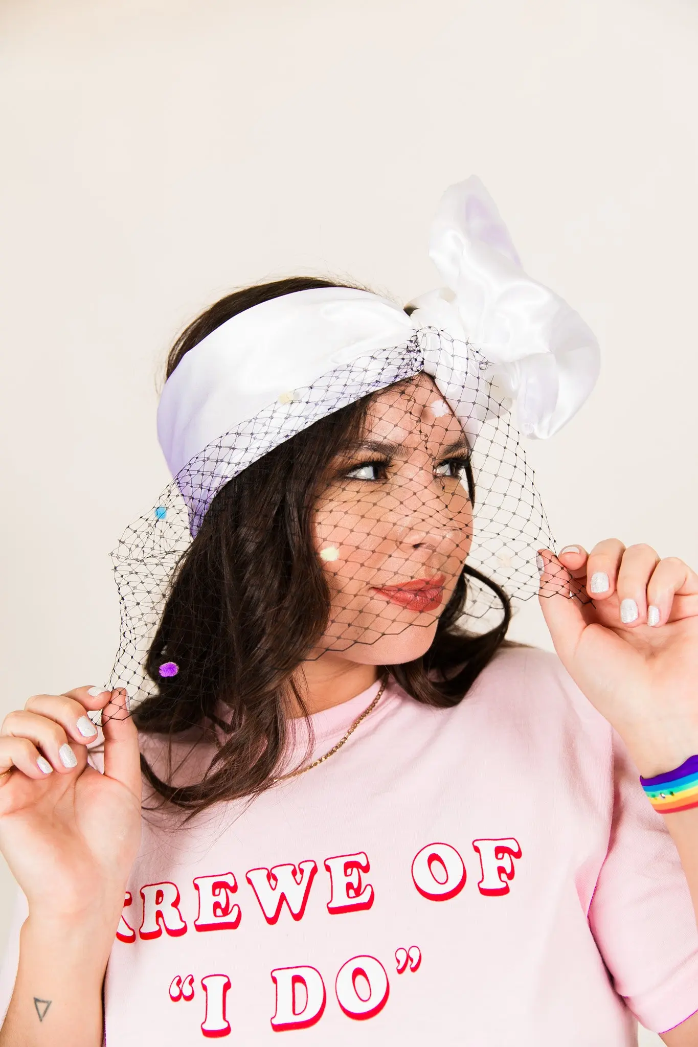 White Satin with Black Veil with Rainbow Dot Party Wrap - Image 2