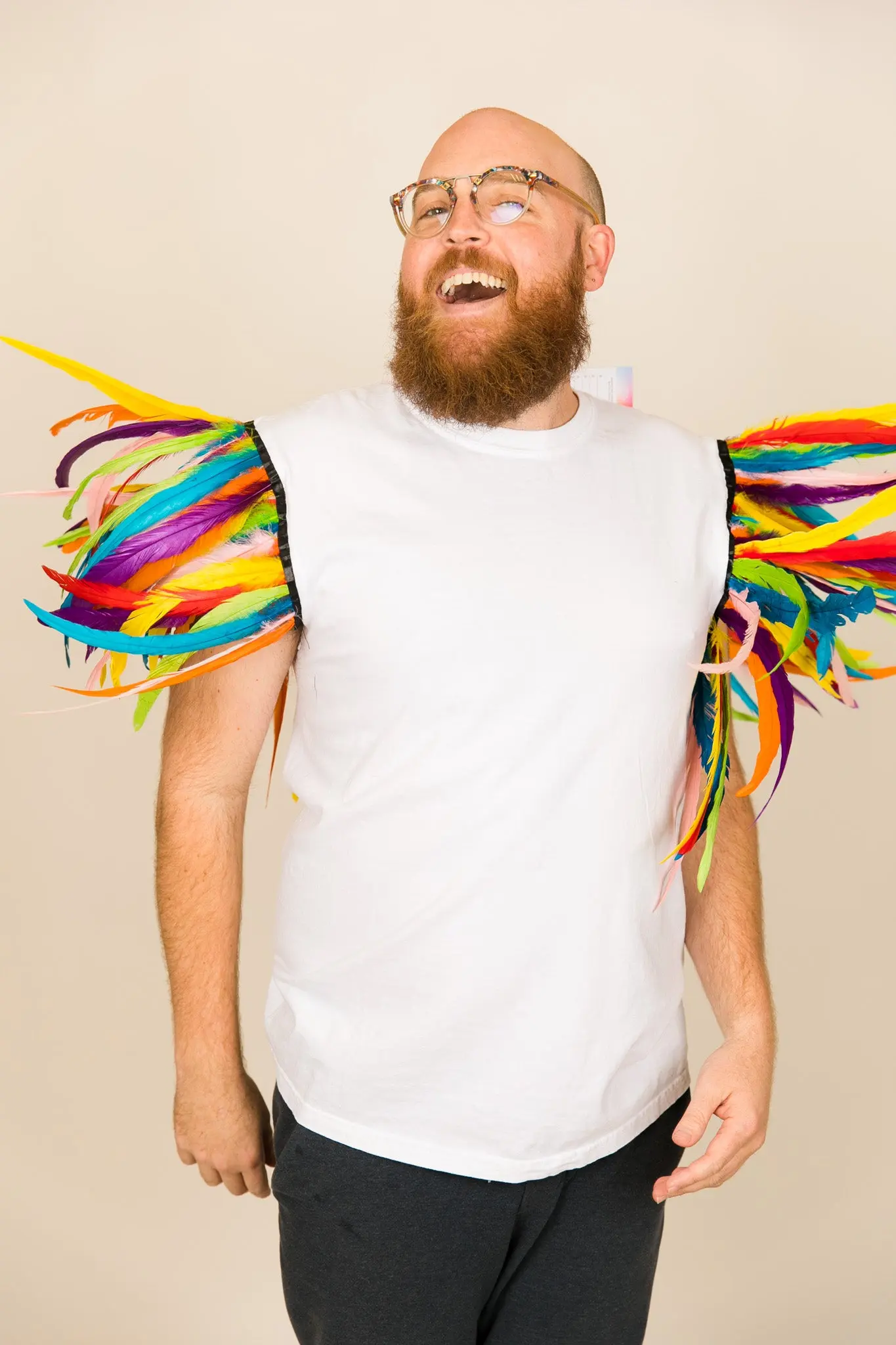 White Tee with Rainbow Feather Sleeve