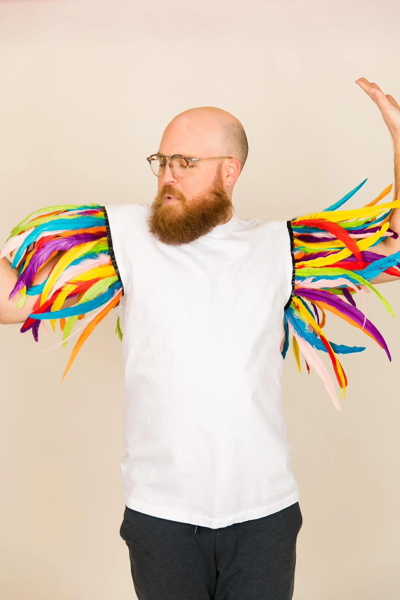 White Tee with Rainbow Feather Sleeve - Image 2