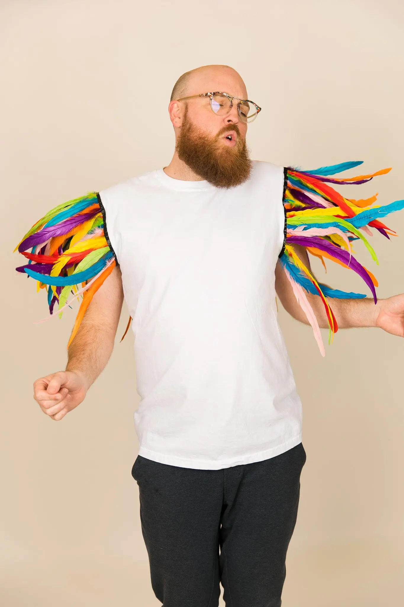 White Tee with Rainbow Feather Sleeve - Image 3