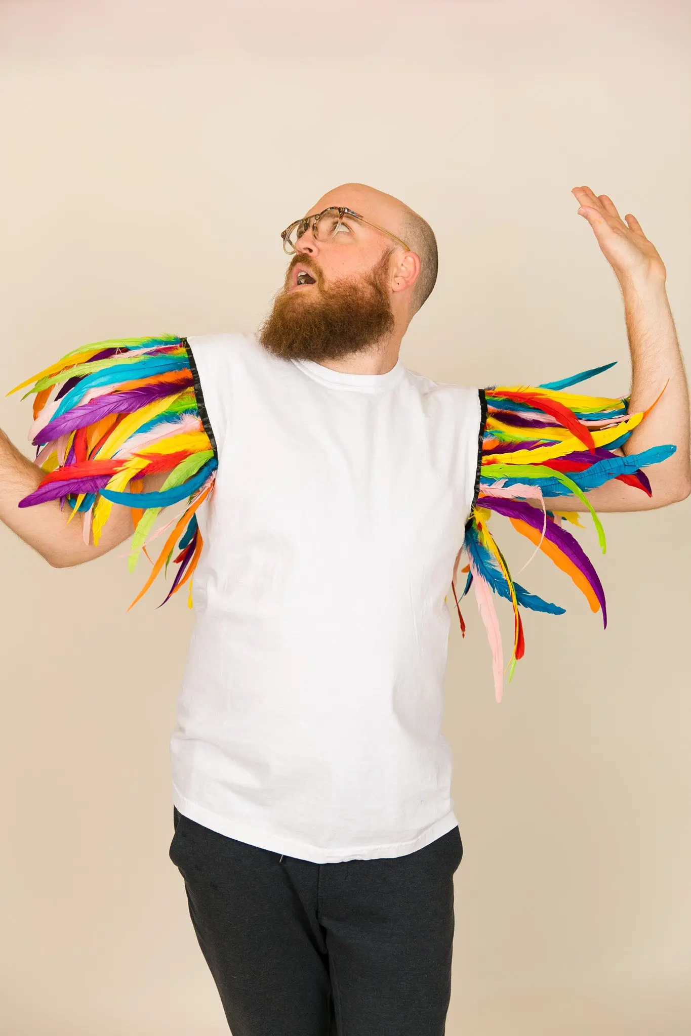 White Tee with Rainbow Feather Sleeve - Image 4