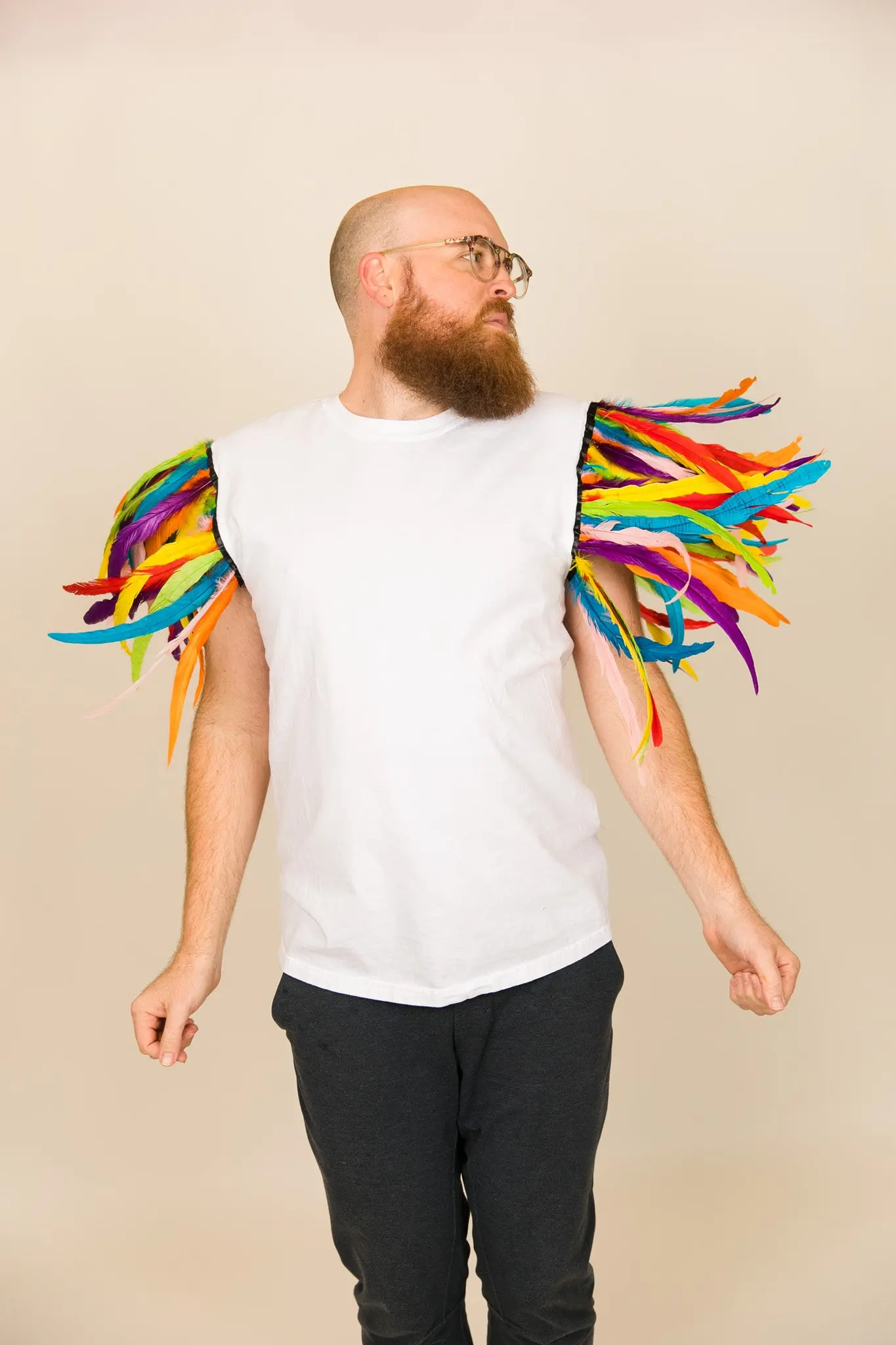 White Tee with Rainbow Feather Sleeve - Image 5