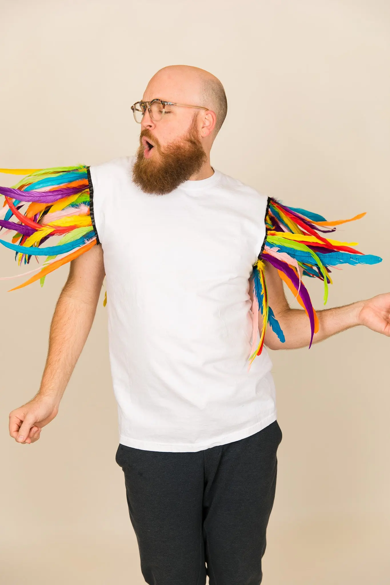 White Tee with Rainbow Feather Sleeve - Image 6