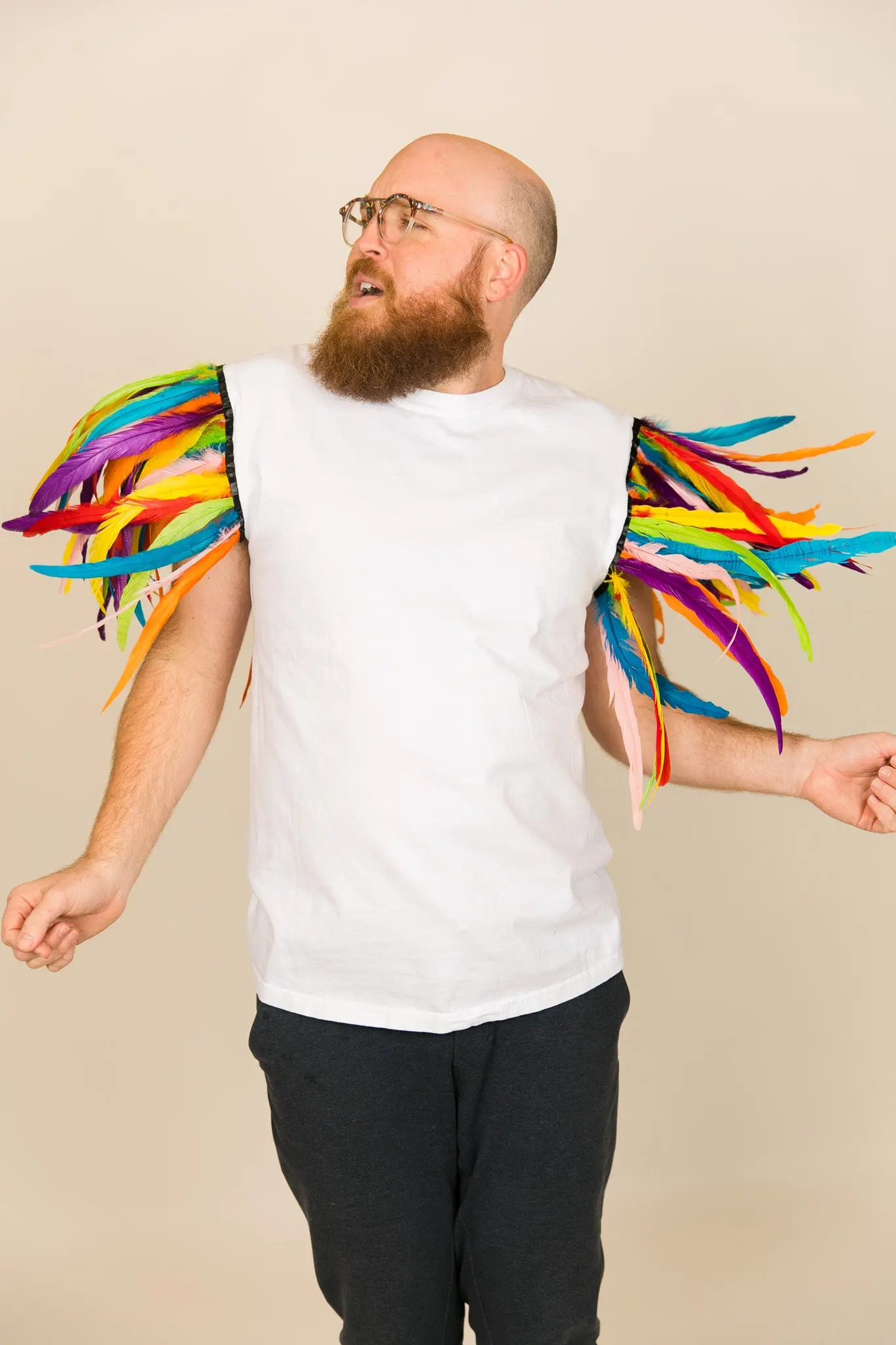 White Tee with Rainbow Feather Sleeve - Image 7